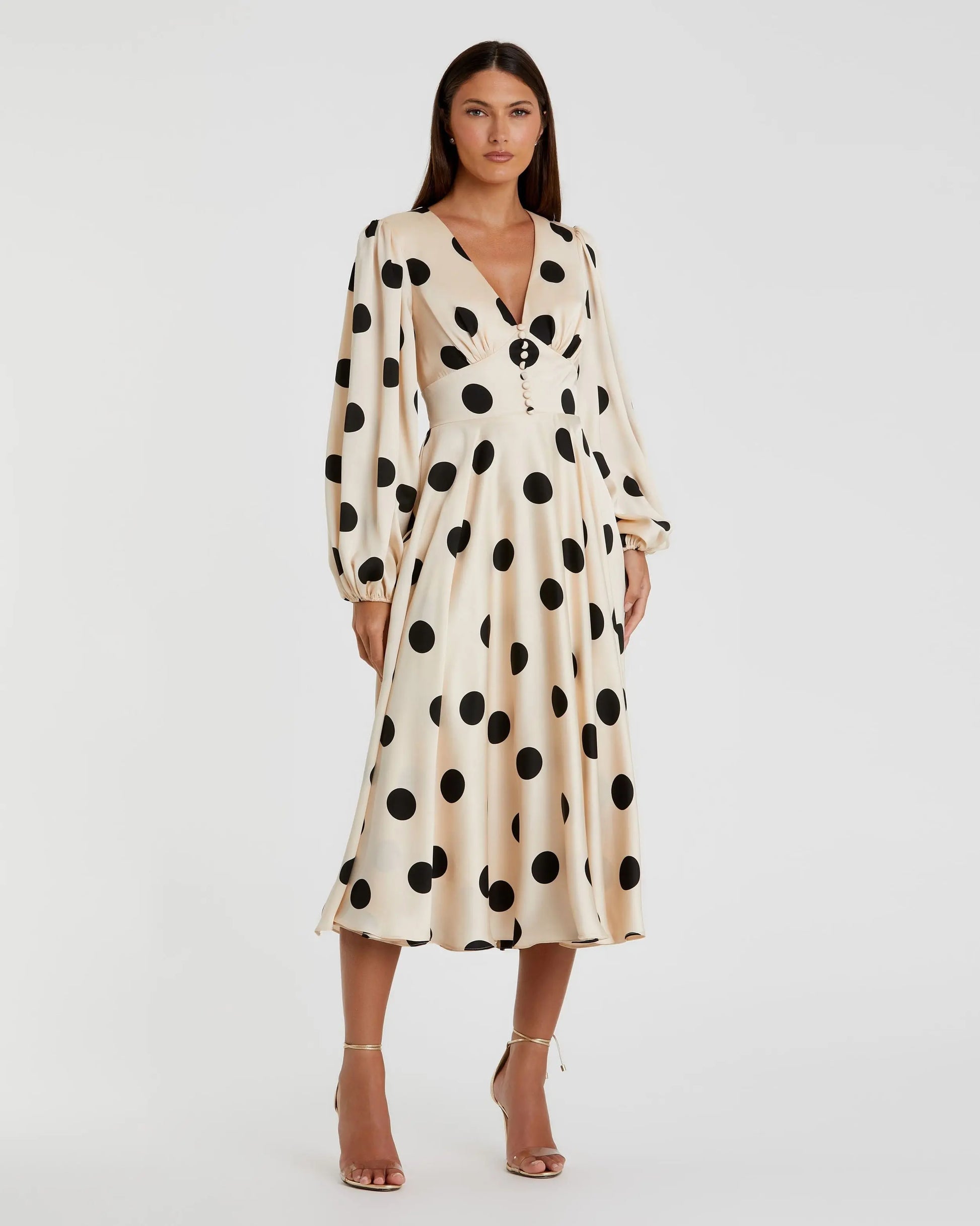 Beige Polka Dot Charmeuse Long Sleeve V Neck Midi Dress | Mac Duggal Beige Polka Dot Charmeuse Long Sleeve V Neck Midi Dress | Mac Duggal