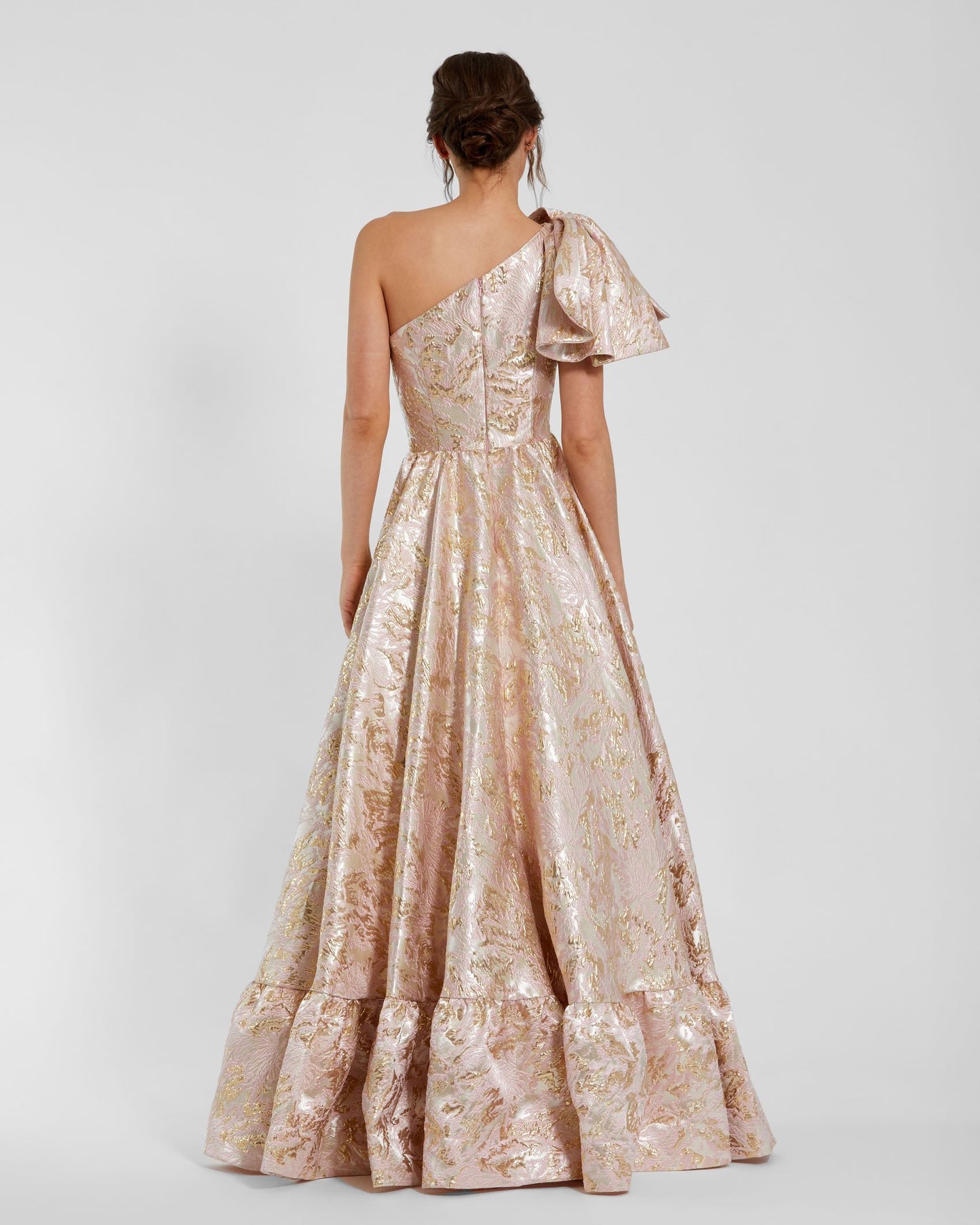 Pink Floral Brocade One Shoulder High Low Gown With Bow