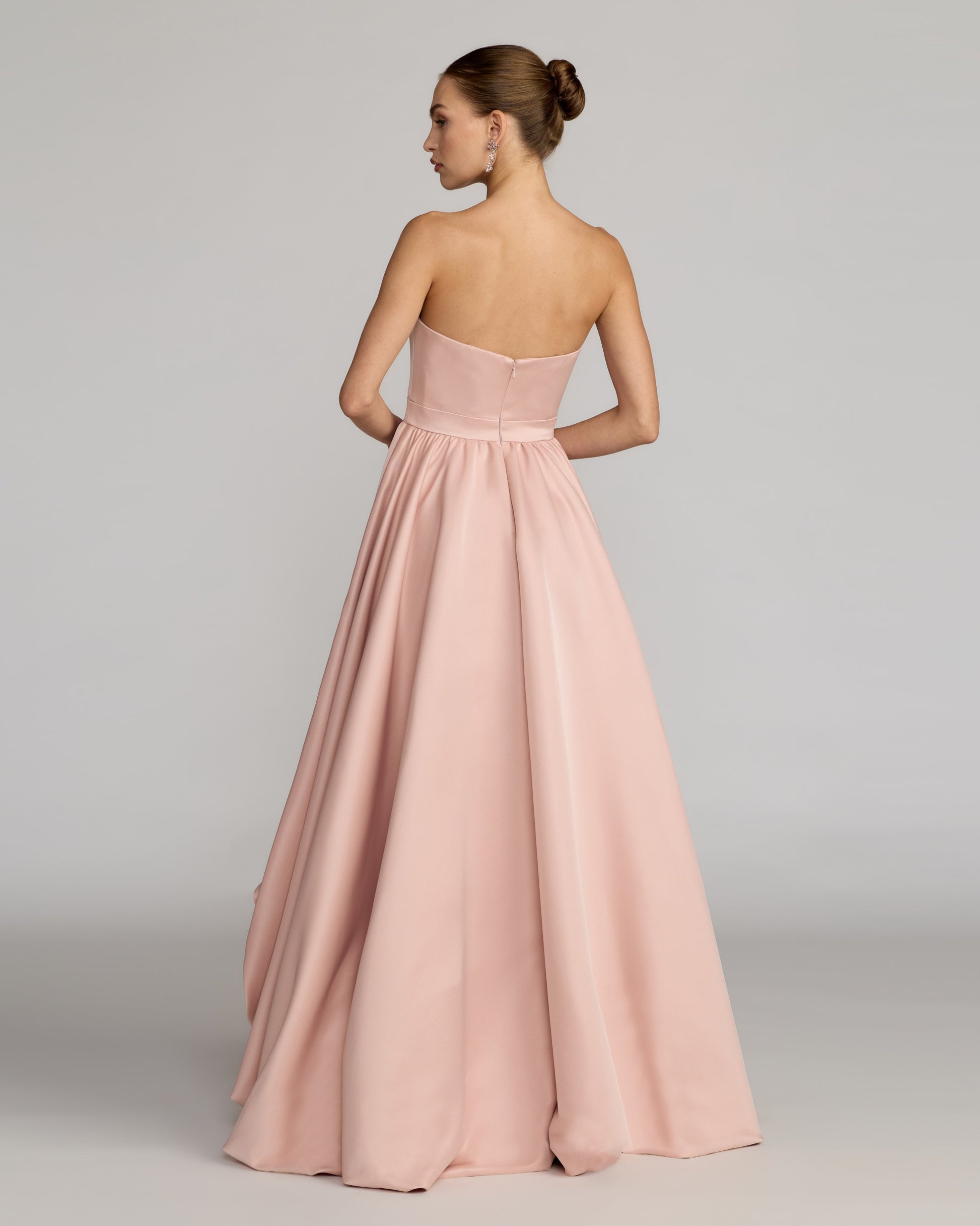Pink Strapless Satin High Low Gown with Rosettes Ieena for Mac Duggal