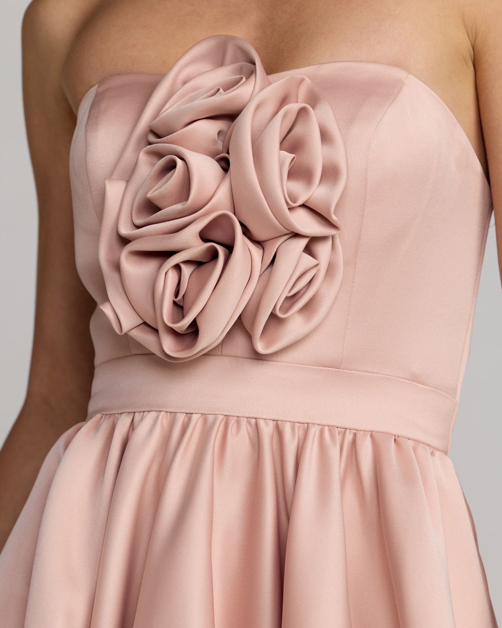 Pink Strapless Satin High Low Gown with Rosettes Ieena for Mac Duggal