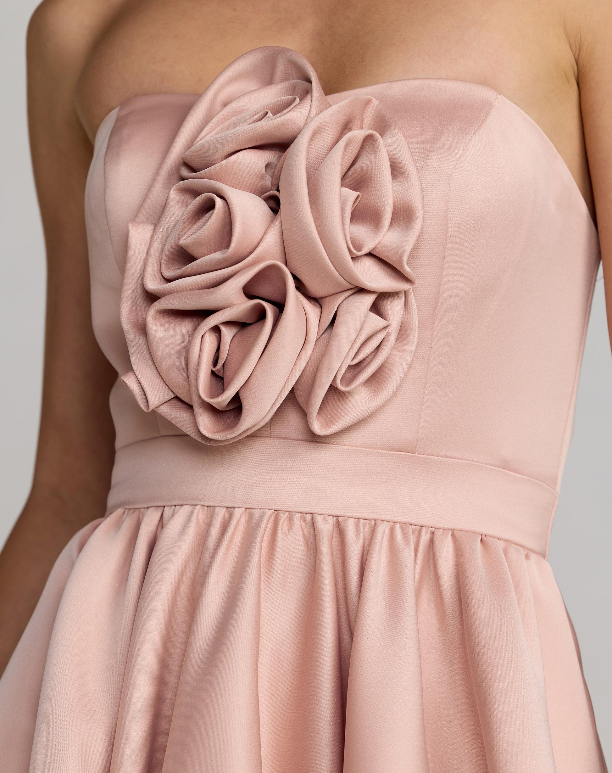 Pink Strapless Satin High Low Gown with Rosettes Ieena for Mac Duggal