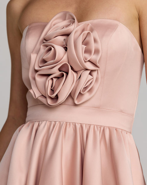 Pink Strapless Satin High Low Gown with Rosettes Ieena for Mac Duggal