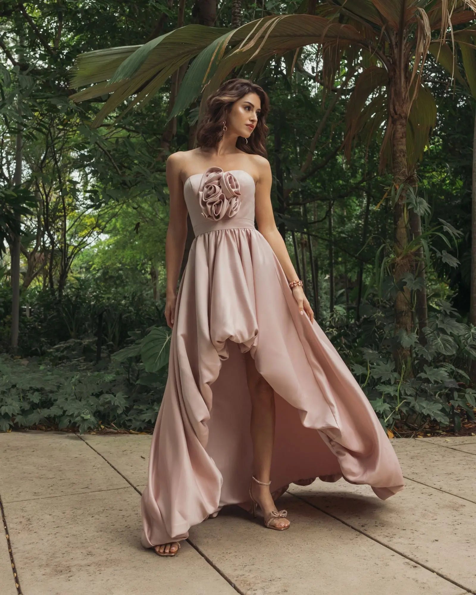 Pink Strapless Satin High Low Gown with Rosettes Ieena for Mac Duggal