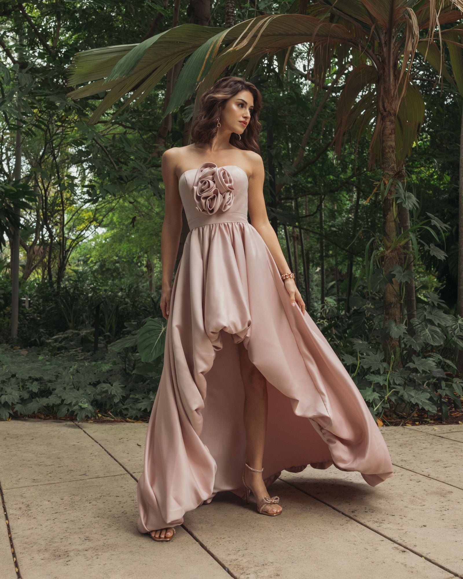Pink Strapless Satin High Low Gown with Rosettes Ieena for Mac Duggal