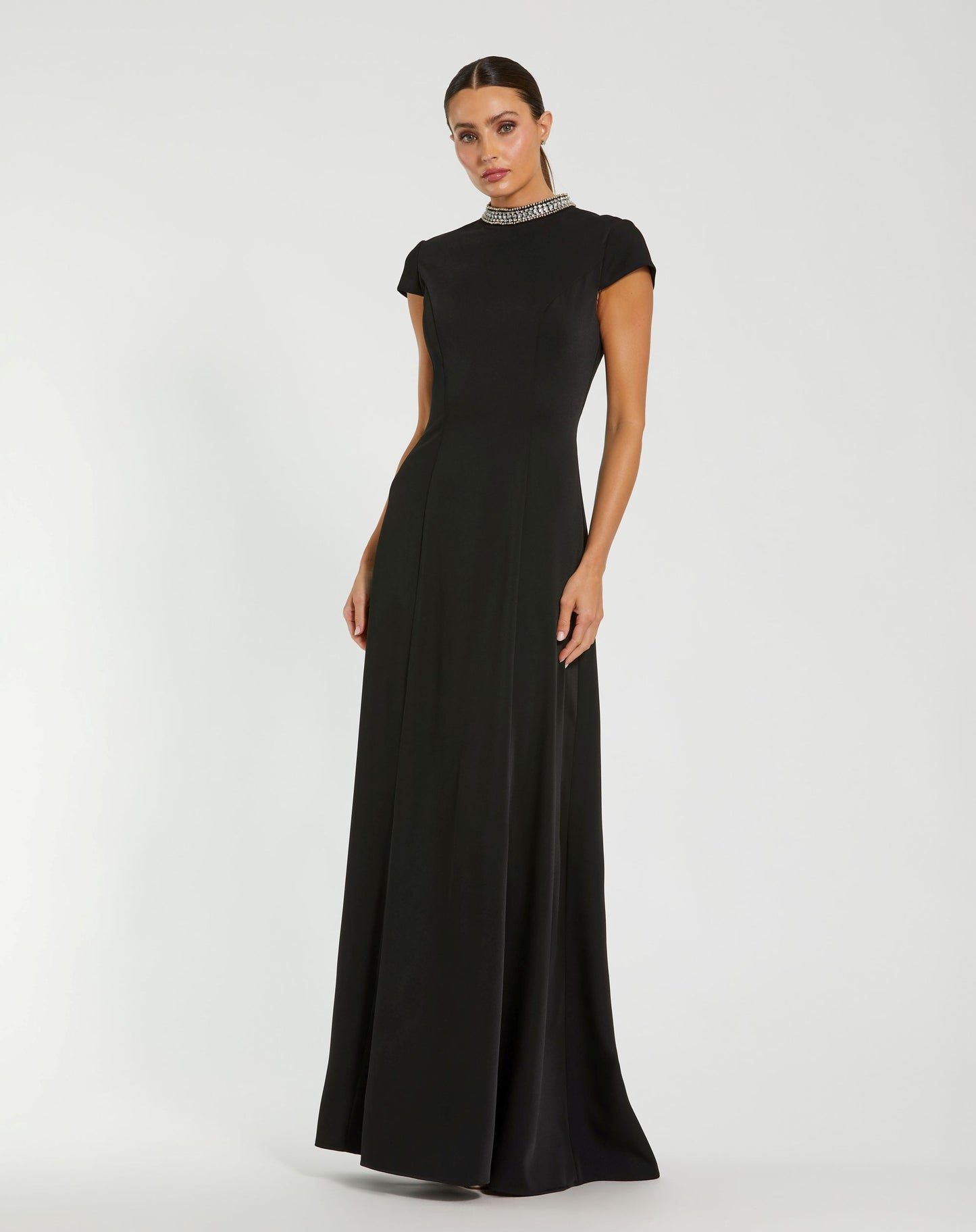 Black Cap Sleeve Gown With Embellished Neckline - Ieena for Mac Duggal