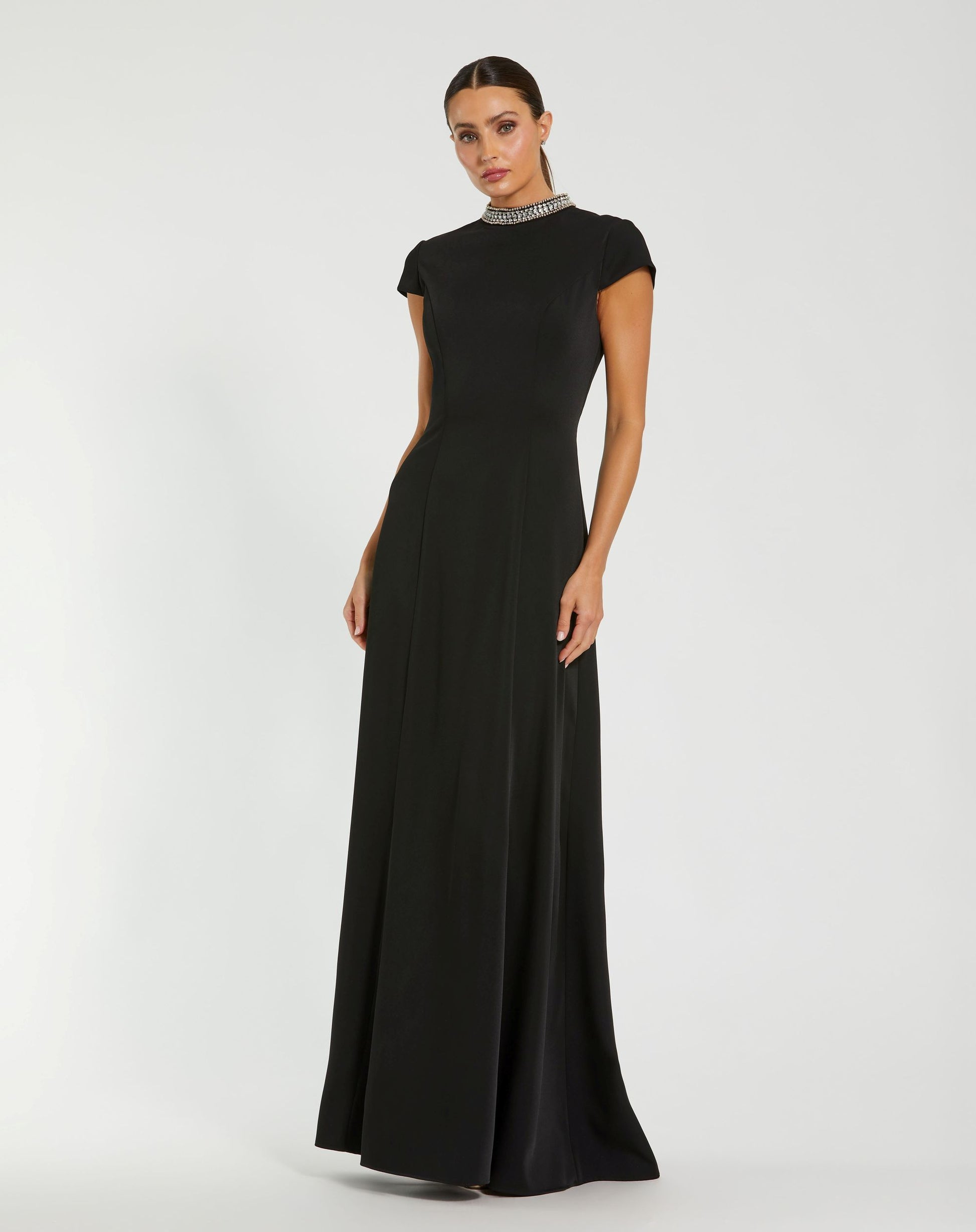 Black Cap Sleeve Gown With Embellished Neckline - Ieena for Mac Duggal