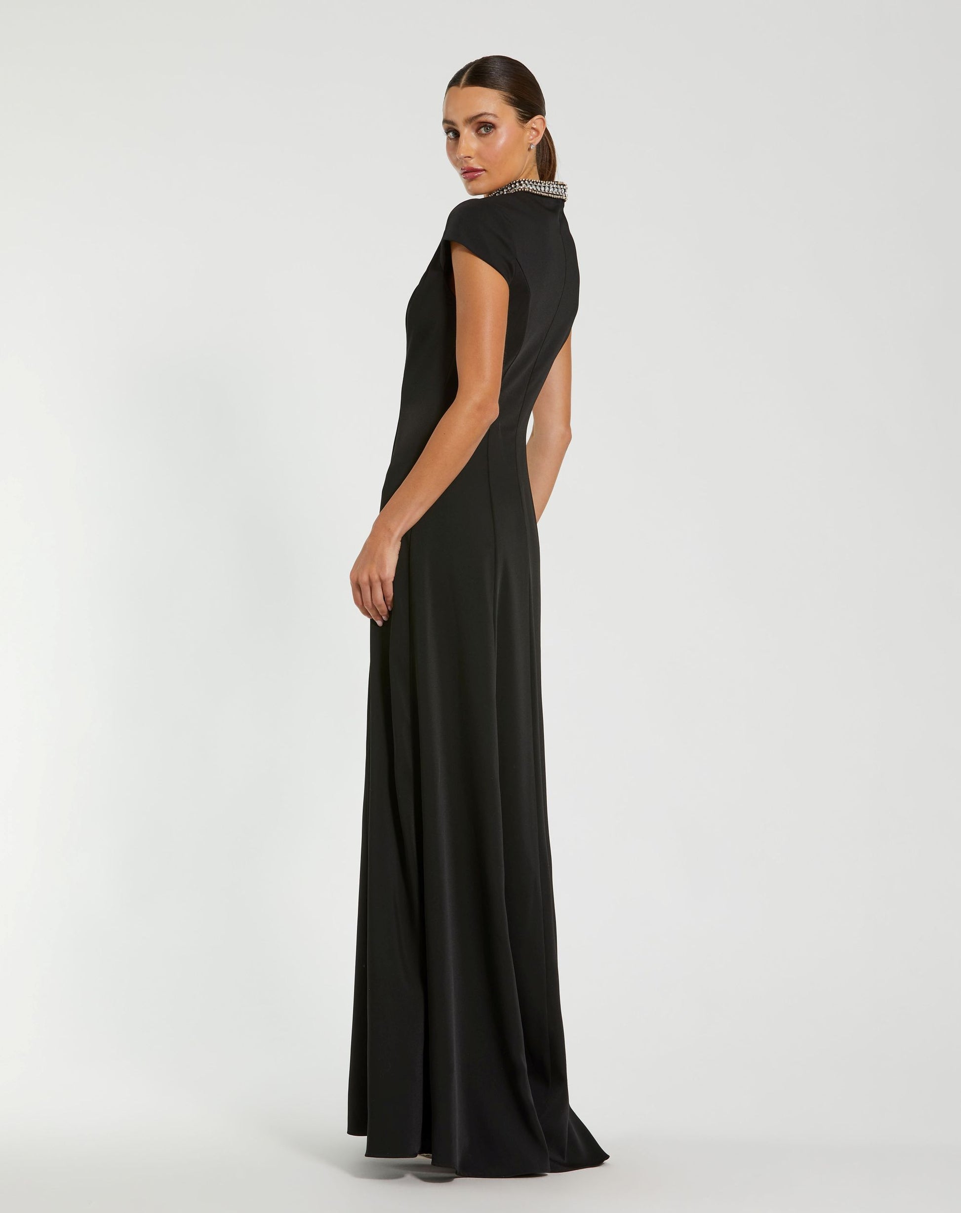 cap sleeve black dress Black Cap Sleeve Gown With Embellished Neckline