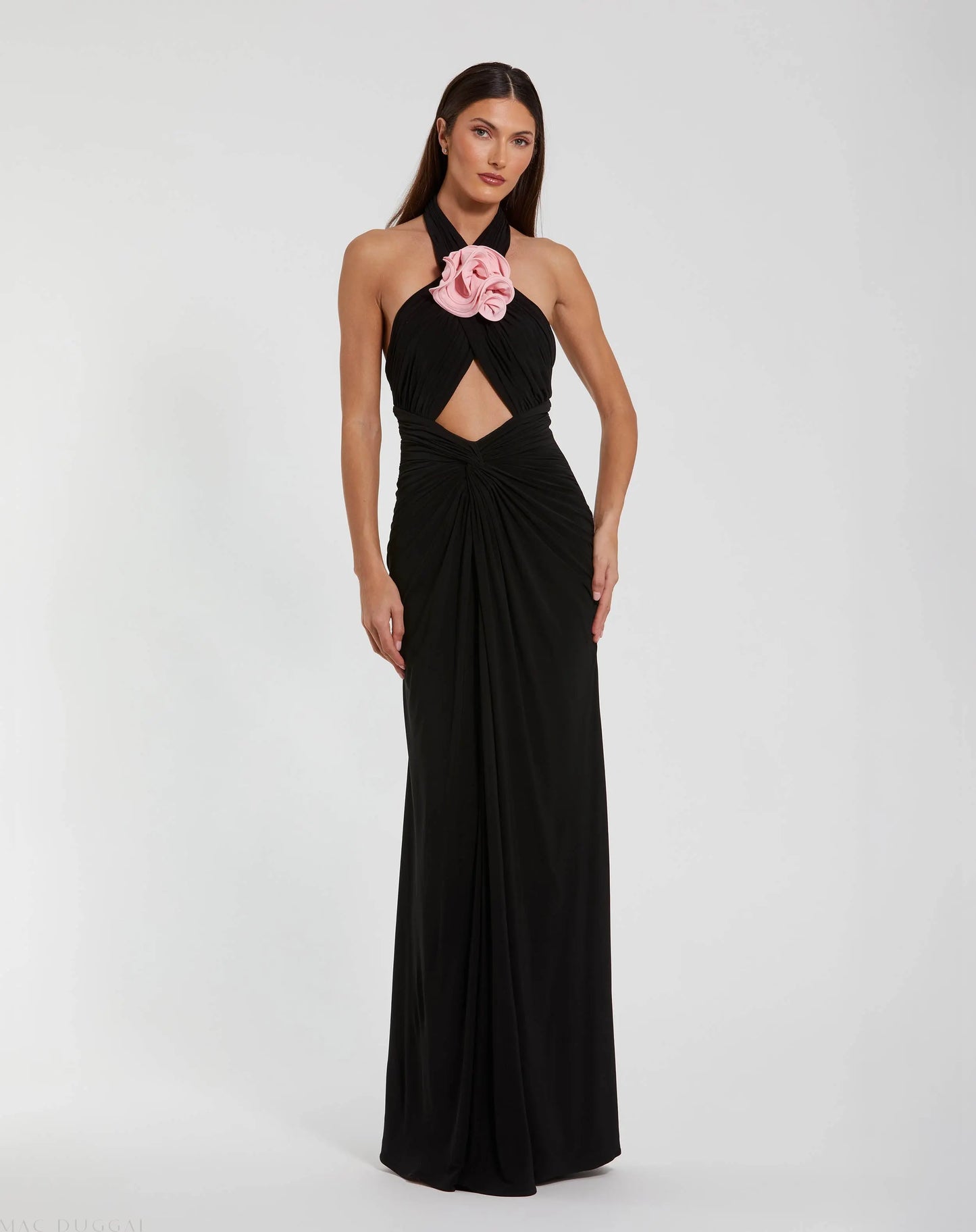Black Jersey Crossover Halter Neck Gown With 3D Flower | Mac Duggal Black Jersey Crossover Halter Neck Gown With 3D Flower | Mac Duggal