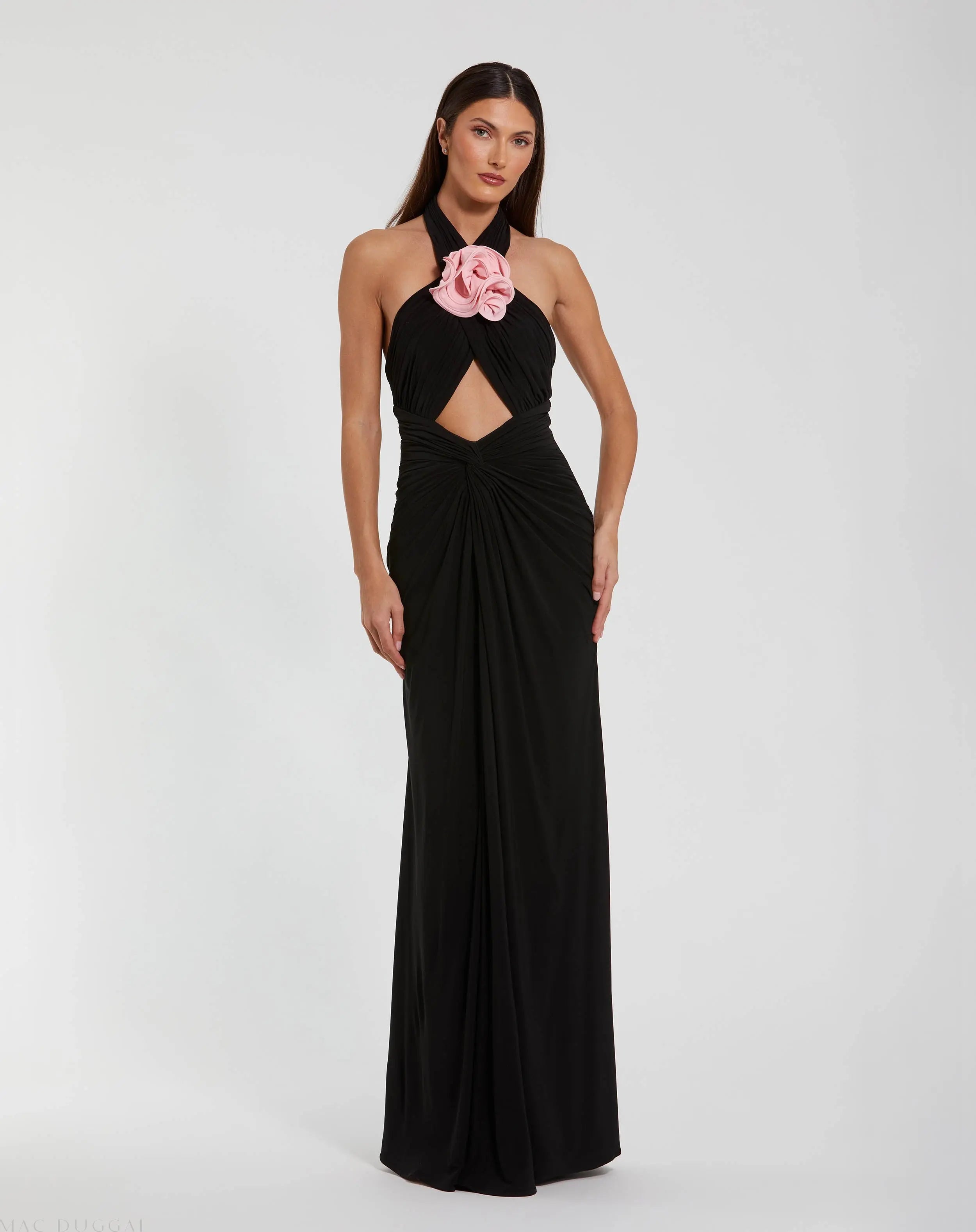 Black Jersey Crossover Halter Neck Gown With 3D Flower - Mac Duggal