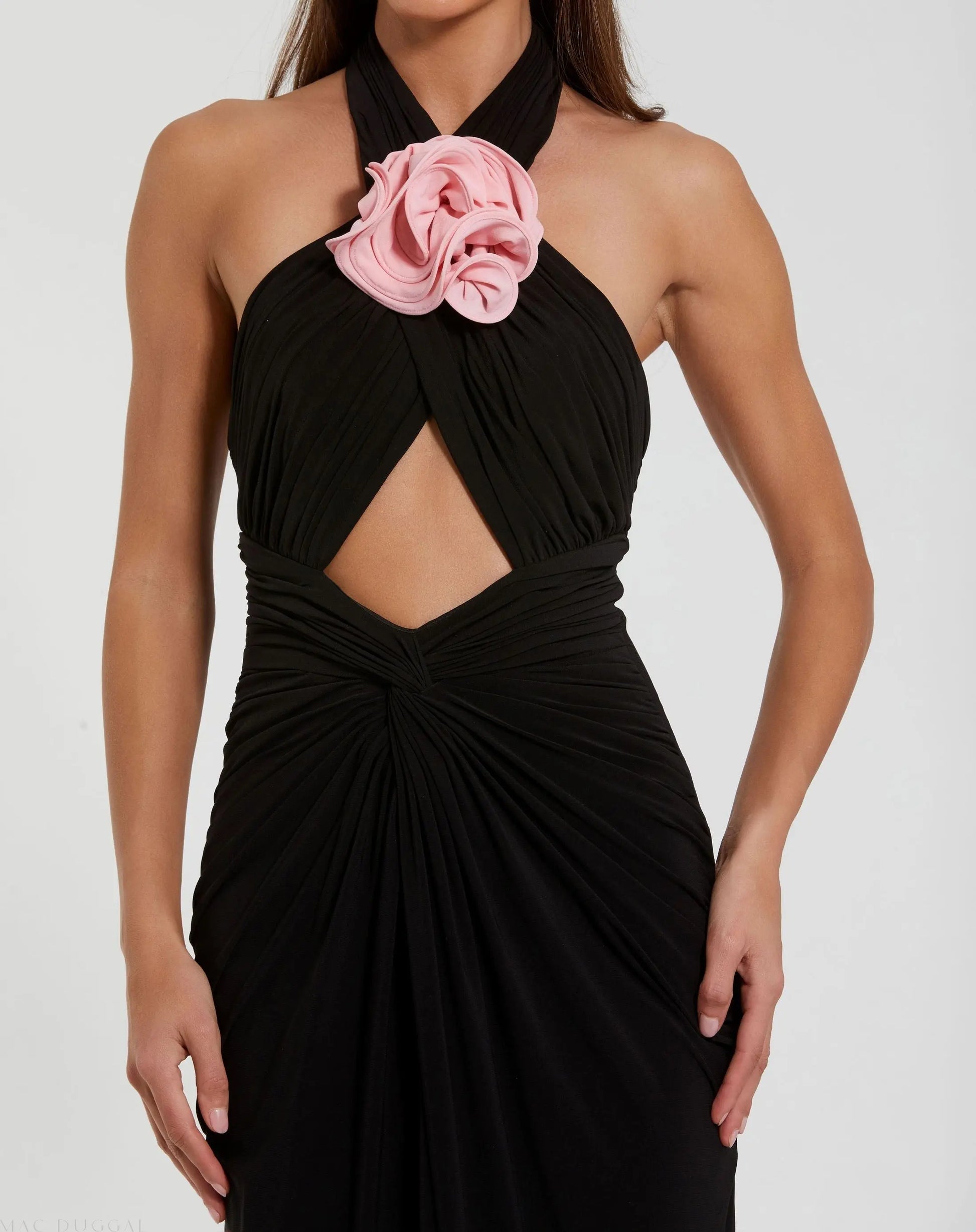 Black Jersey Crossover Halter Neck Gown With 3D Flower | Mac Duggal Black Jersey Crossover Halter Neck Gown With 3D Flower | Mac Duggal