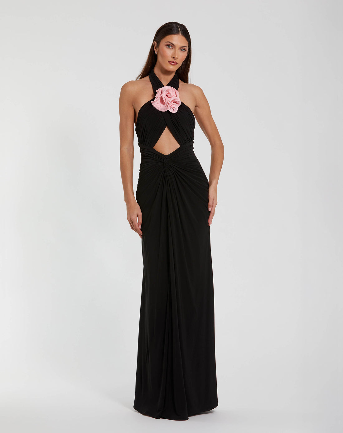 Jersey Crossover Halter Neck Gown With 3D Flower