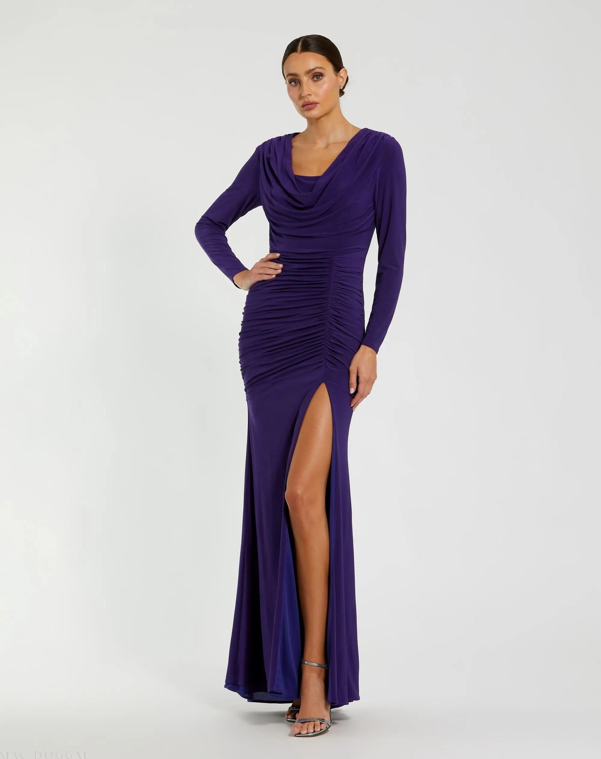 Purple Long Sleeve Cowl Neck Jersey Gown With Slit - Ieena for Mac Duggal