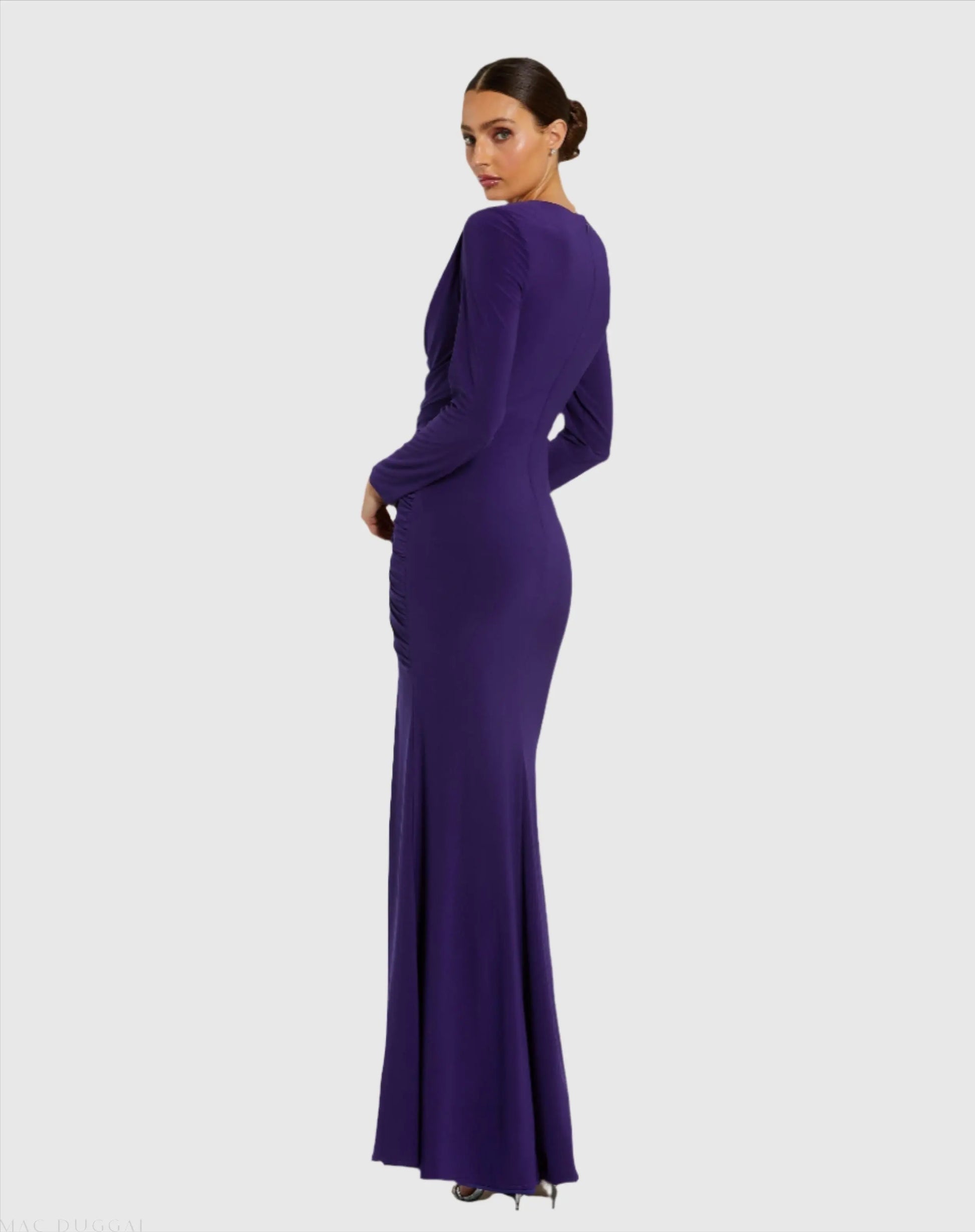 Purple Long Sleeve Cowl Neck Jersey Gown With Slit - Ieena for Mac Duggal