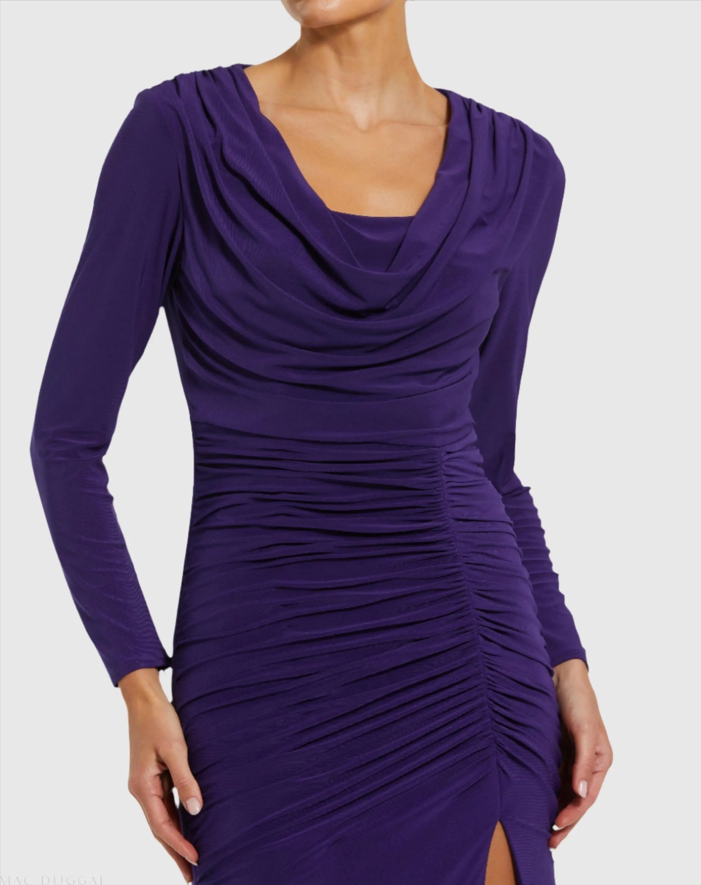 Purple Long Sleeve Cowl Neck Jersey Gown With Slit - Ieena for Mac Duggal