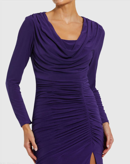 Purple Long Sleeve Cowl Neck Jersey Gown With Slit - Ieena for Mac Duggal