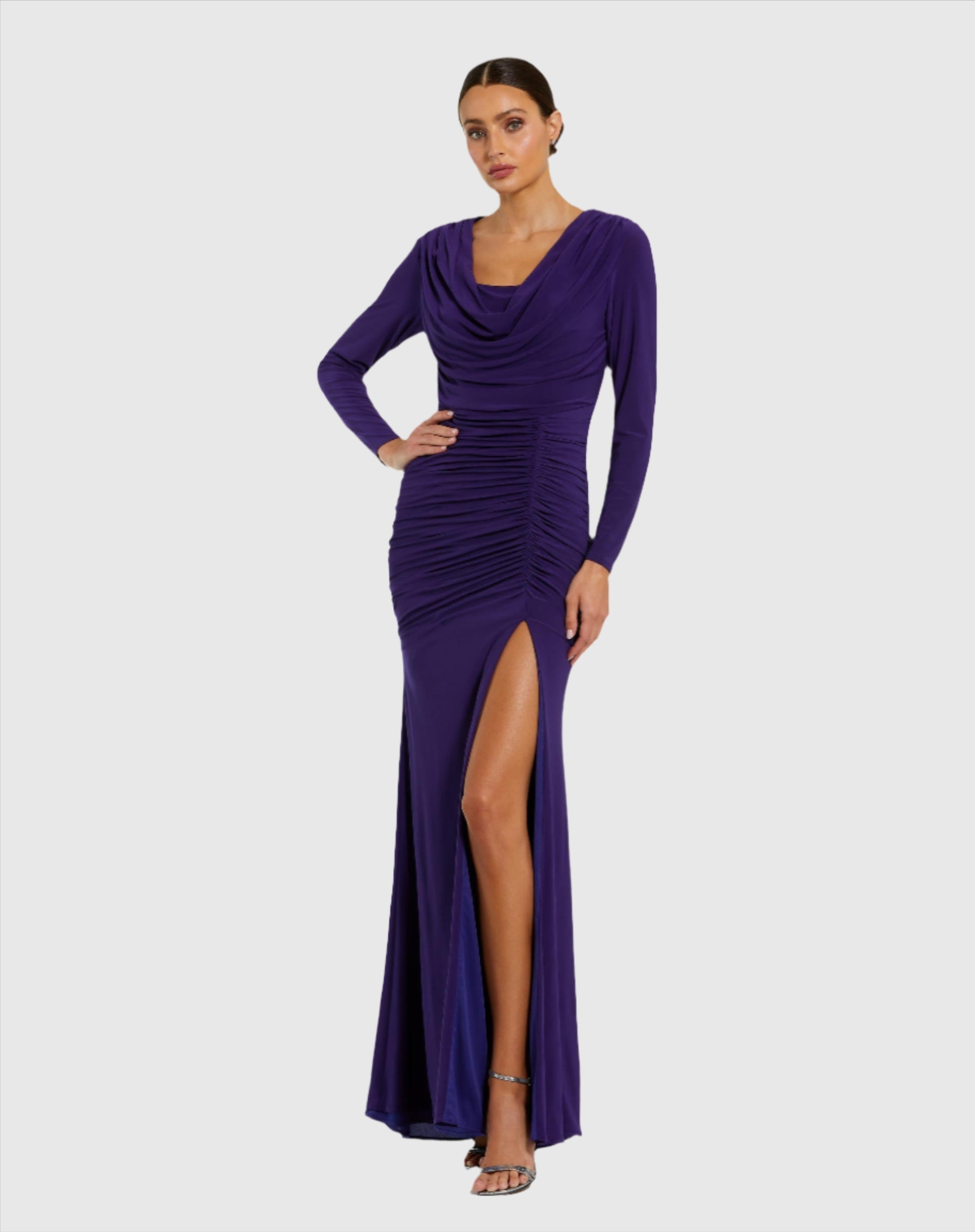 Long Sleeve Cowl Neck Jersey Gown With Slit