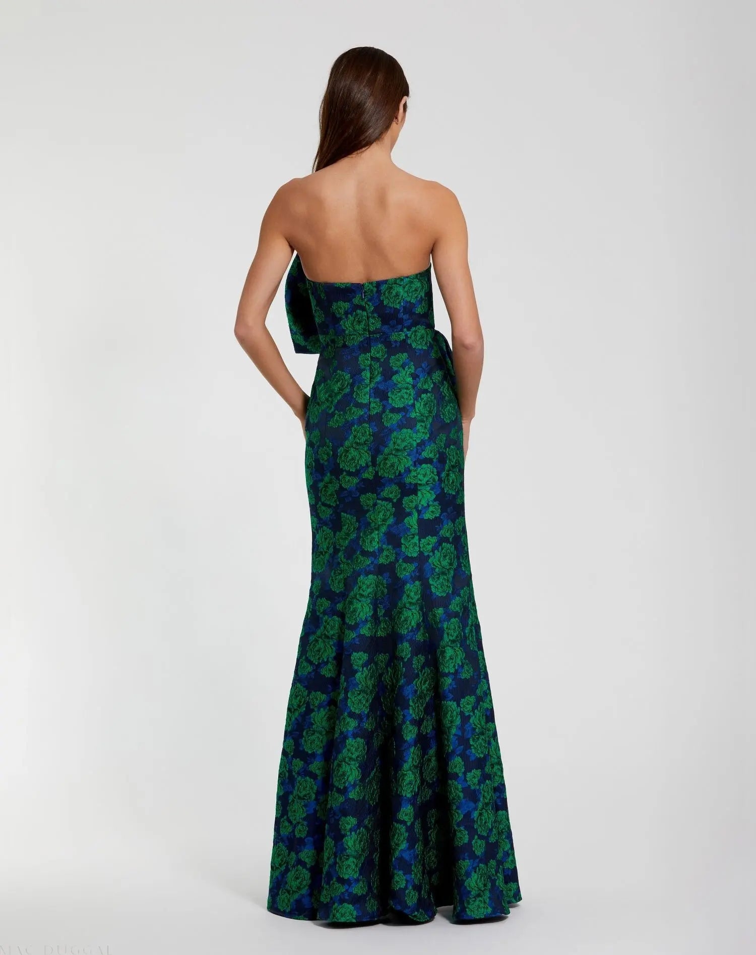 Blue and Green Strapless Brocade Fitted Gown With Oversized Bow - Mac Duggal
