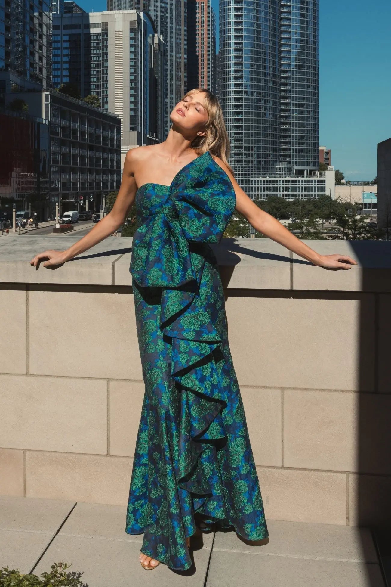 Blue and Green Strapless Brocade Fitted Gown With Oversized Bow - Mac Mac Duggal Blue and Green Strapless Brocade Fitted Gown With Oversized Bow - Mac Mac Duggal