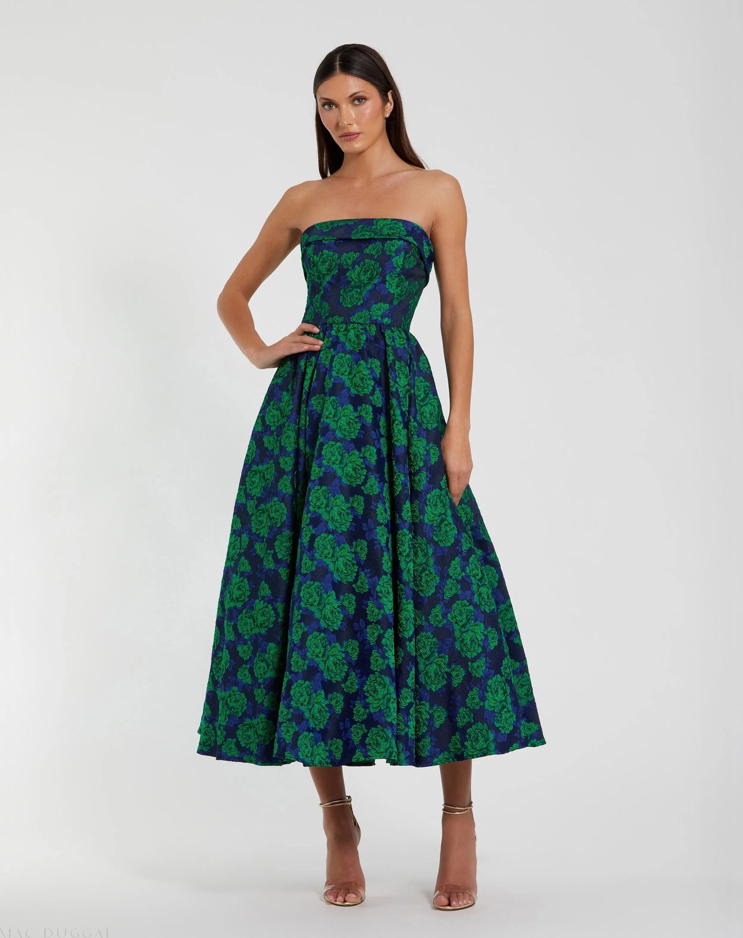 Brocade Strapless A Line Midi Dress - Mac Duggal Brocade Strapless A Line Midi Dress - Mac Duggal