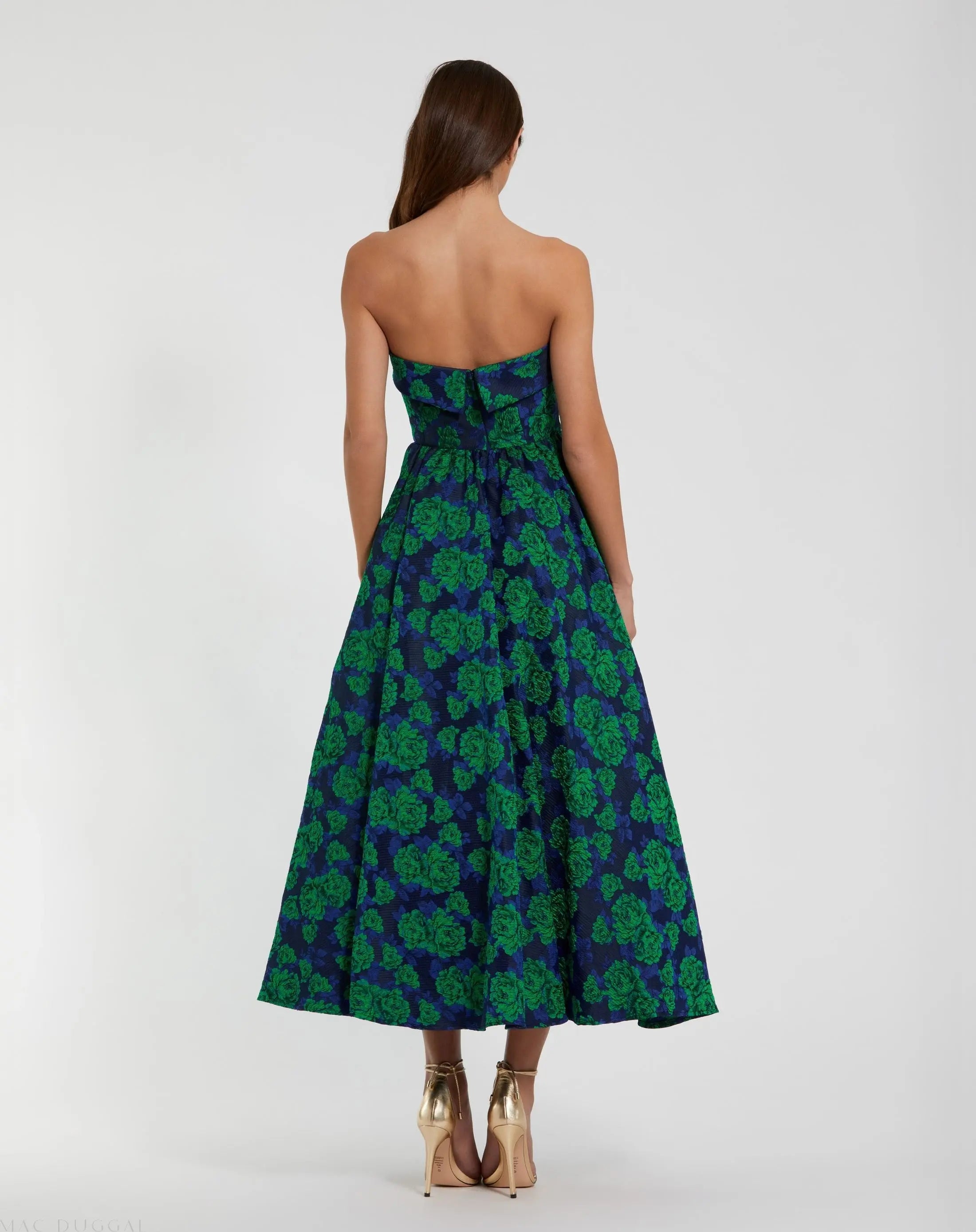 Blue and Green Brocade Strapless A Line Midi Dress - Mac Duggal