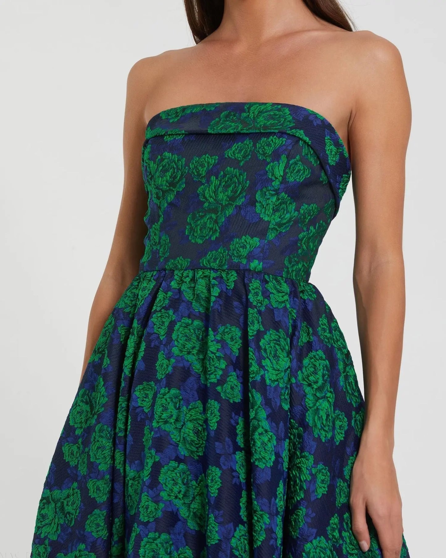 Mac Duggal Brocade Strapless A-Line Midi Dress - Emerald Multi Mac Duggal Brocade Strapless A-Line Midi Dress - Emerald Multi
