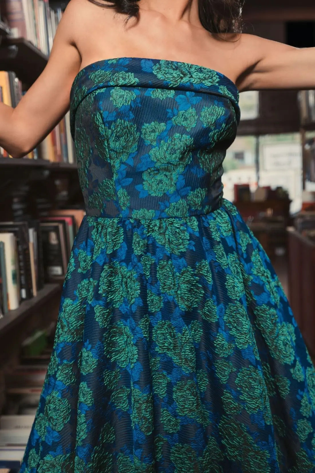 Blue and Green Brocade Strapless A Line Midi Dress Blue and Green Brocade Strapless A Line Midi Dress
