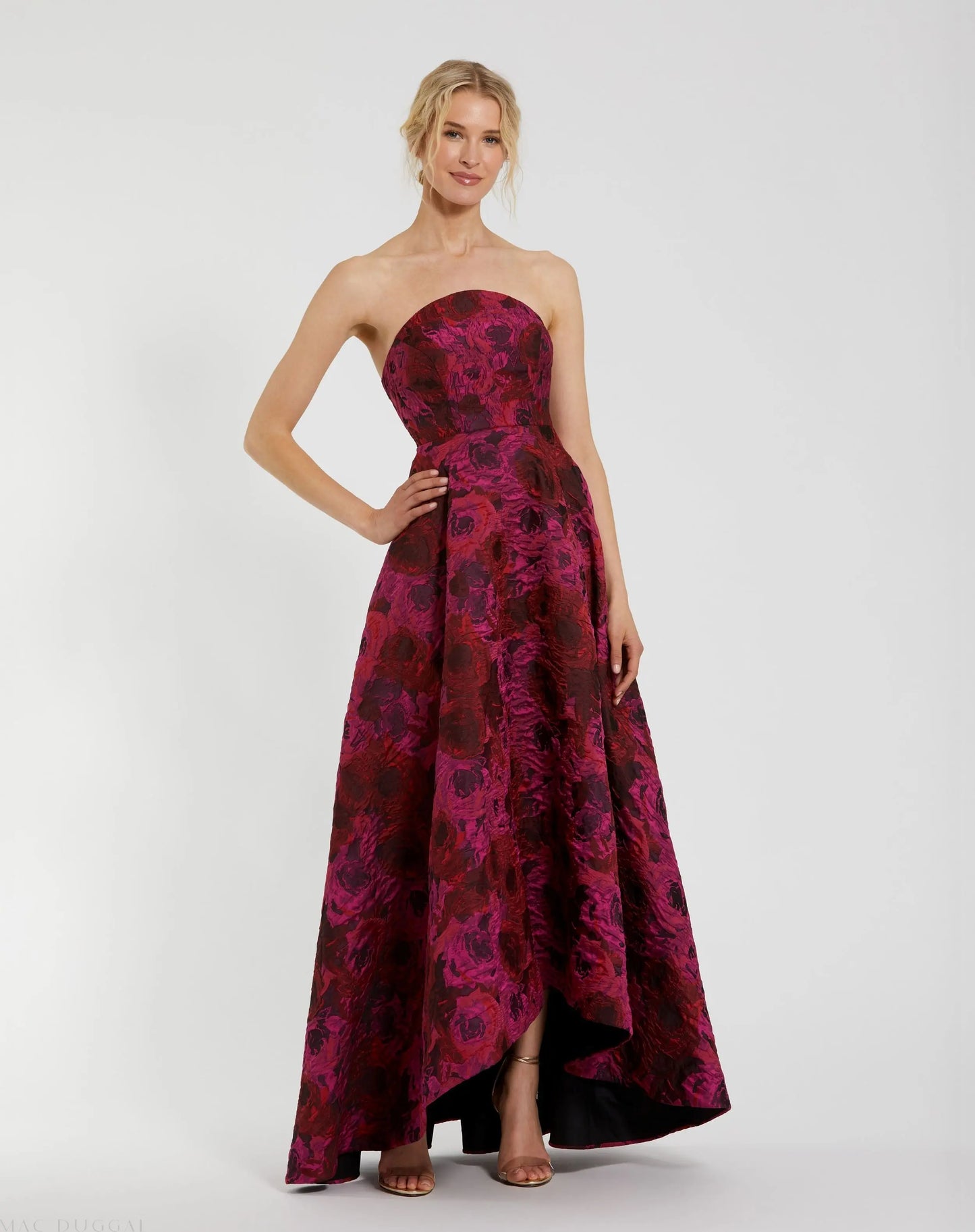 mac duggal strapless brocade floral ruffle-hem a-line maxi dress Multicolor Strapless Brocade High Low A Line Gown