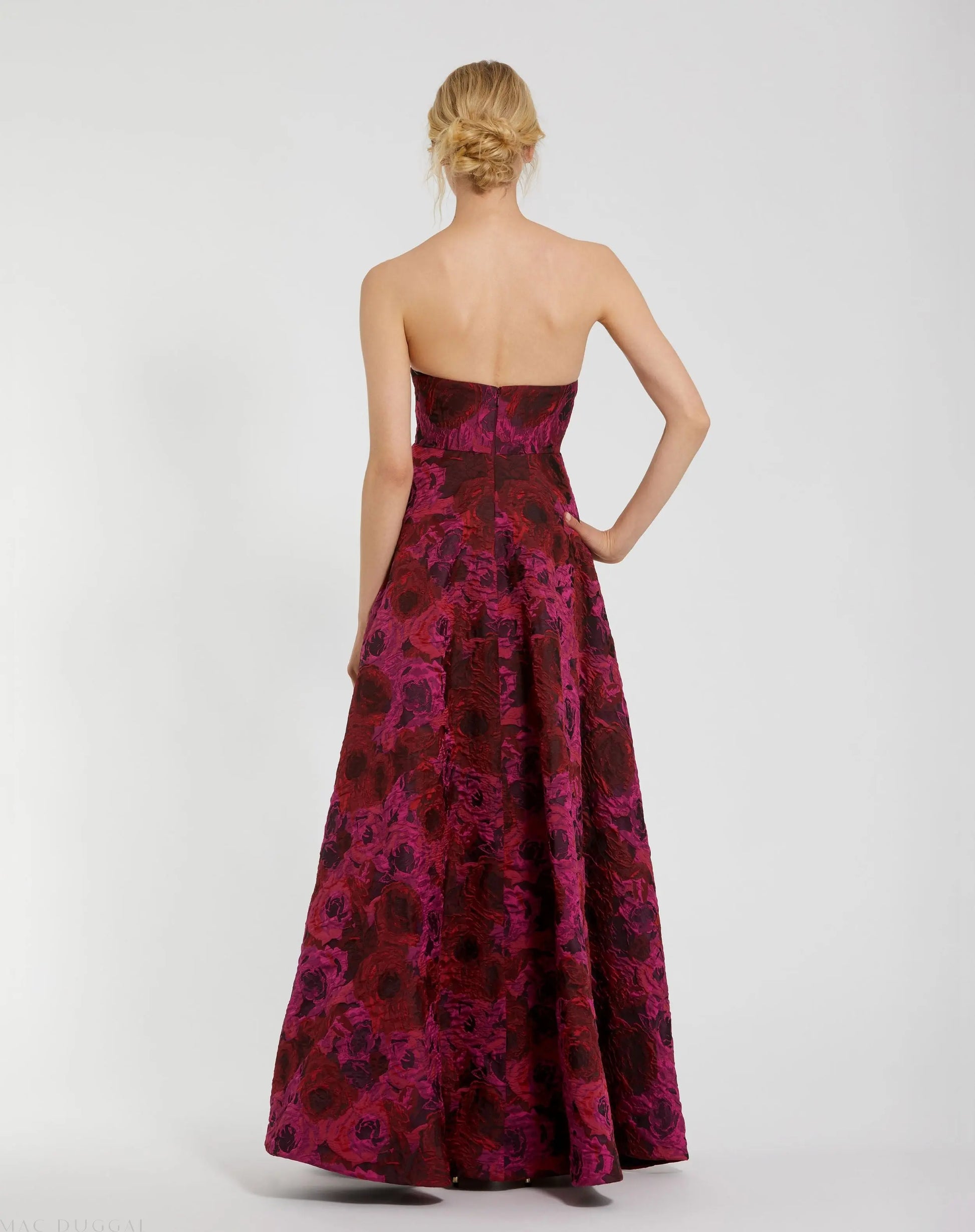 Mac Duggal Strapless Brocade High-Low A-Line Gown - Magenta Multi Mac Duggal Strapless Brocade High-Low A-Line Gown - Magenta Multi