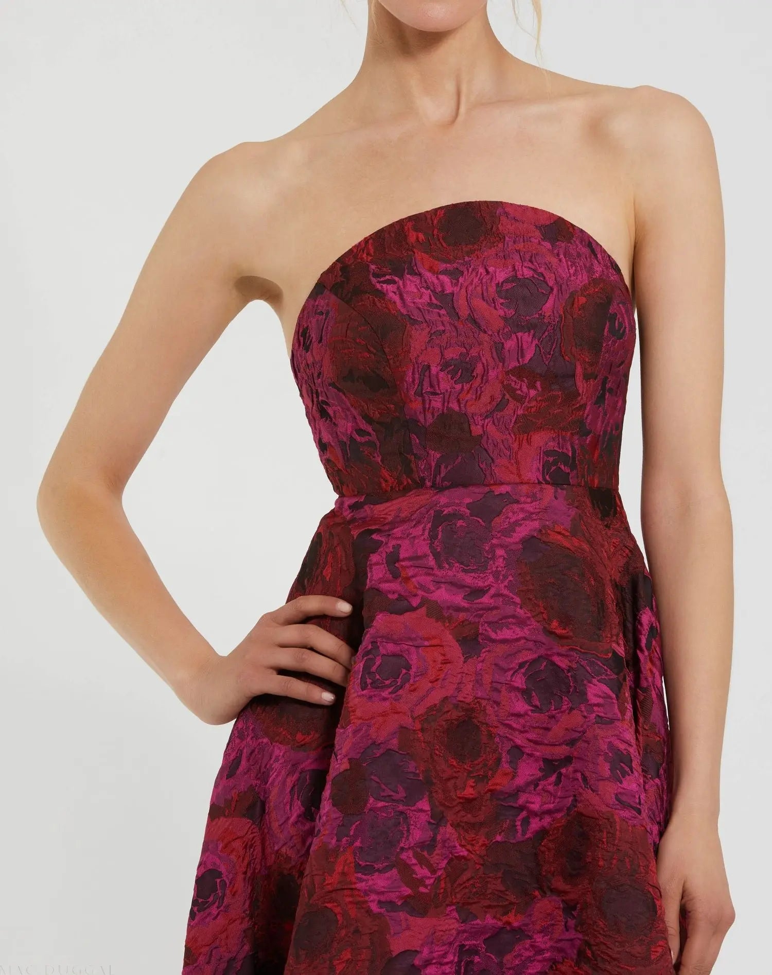 Mac Duggal Strapless Brocade High-Low A-Line Gown - Magenta Multi Mac Duggal Strapless Brocade High-Low A-Line Gown - Magenta Multi