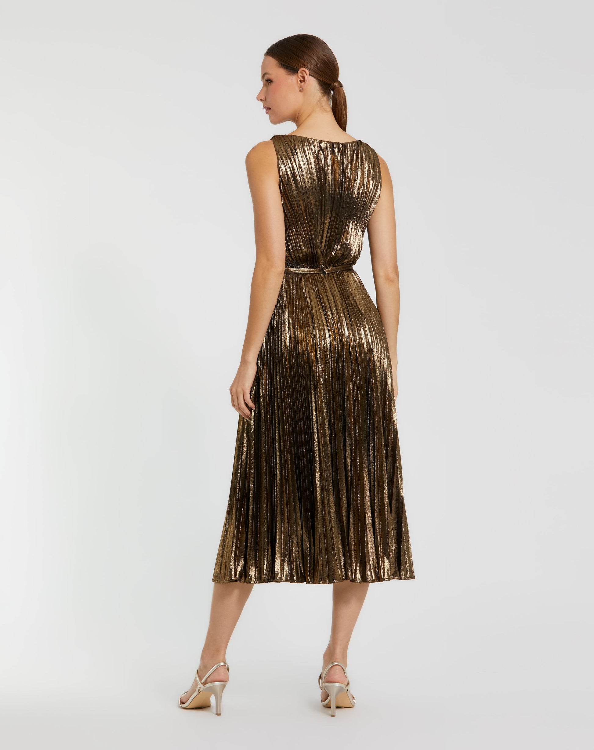 Gold Metallic Pleated High Neck Midi Dress Ieena for Mac Duggal