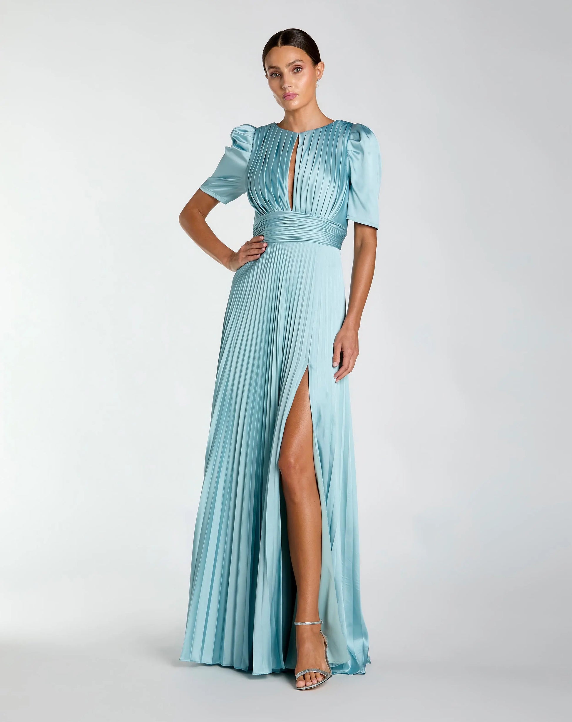 Blue Pleated Charmeuse Puff Sleeve Gown With Slit | Mac Duggal Blue Pleated Charmeuse Puff Sleeve Gown With Slit | Mac Duggal