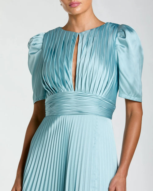 Blue Pleated Charmeuse Puff Sleeve Gown With Slit Ieena for Mac Duggal
