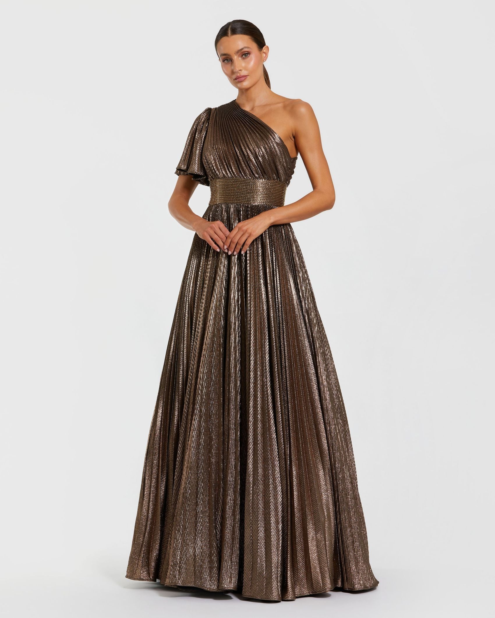 Brown One Shoulder Pleated Metallic Ballgown - Mac Duggal