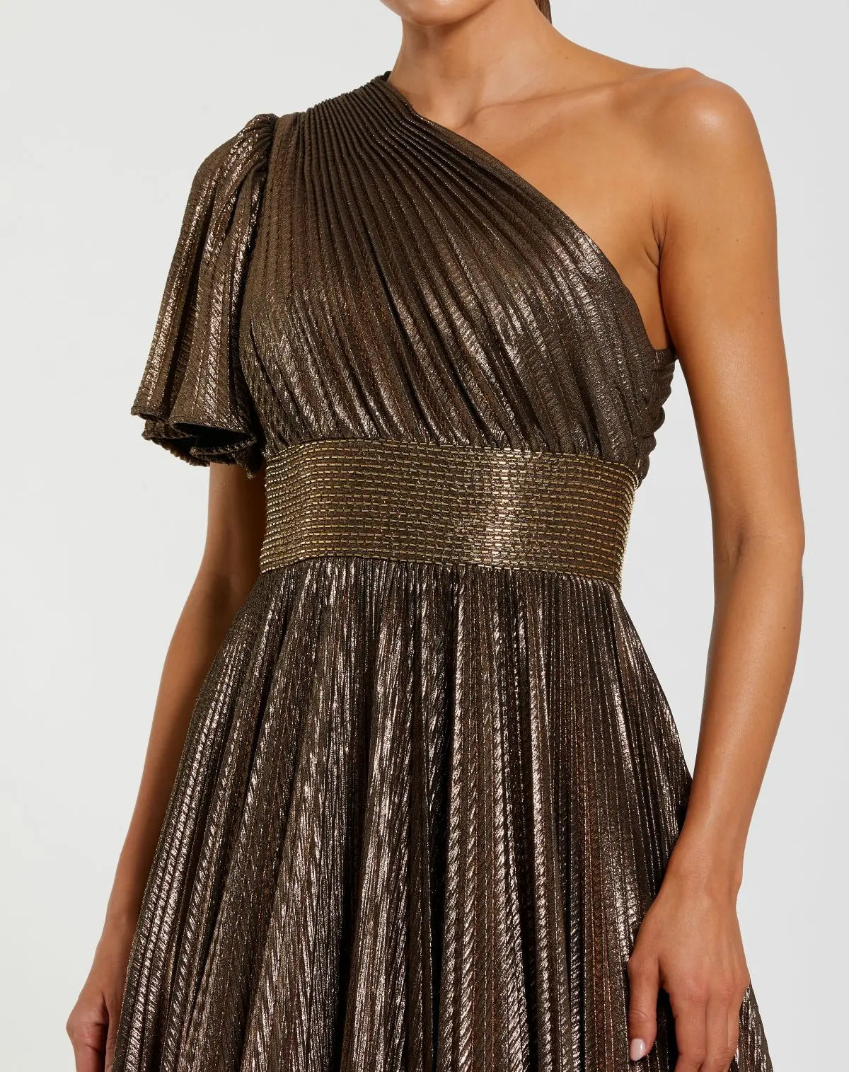 Brown One Shoulder Pleated Metallic Ball Gown Ieena for Mac Duggal