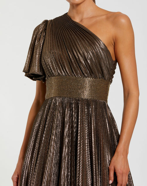 Brown One Shoulder Pleated Metallic Ballgown - Mac Duggal