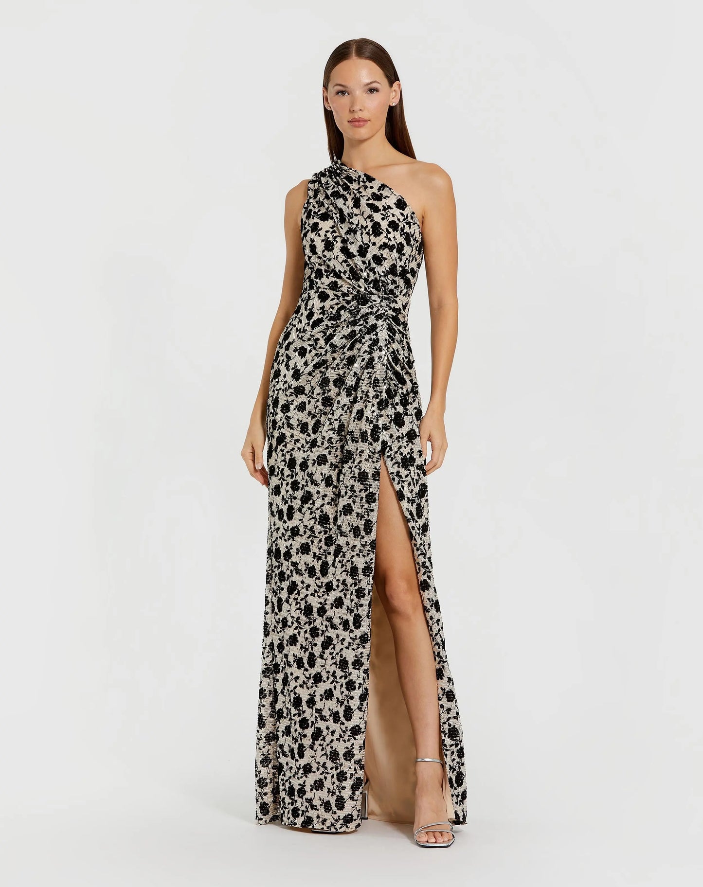 Black and Beige Floral Sequin One Shoulder Column Gown - Ieena for Mac Duggal