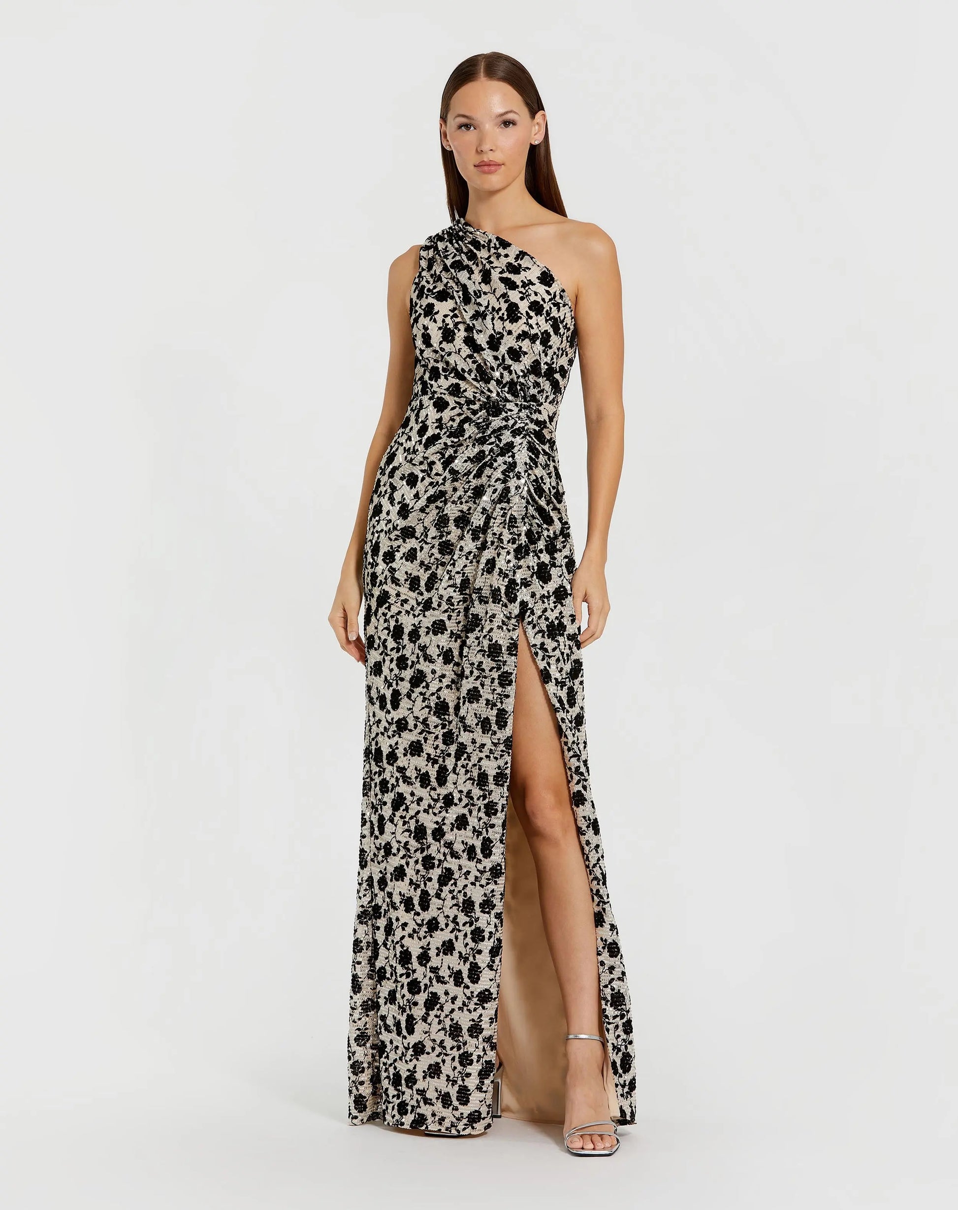 Black and Beige Floral Sequin One Shoulder Column Gown - Ieena for Mac Duggal