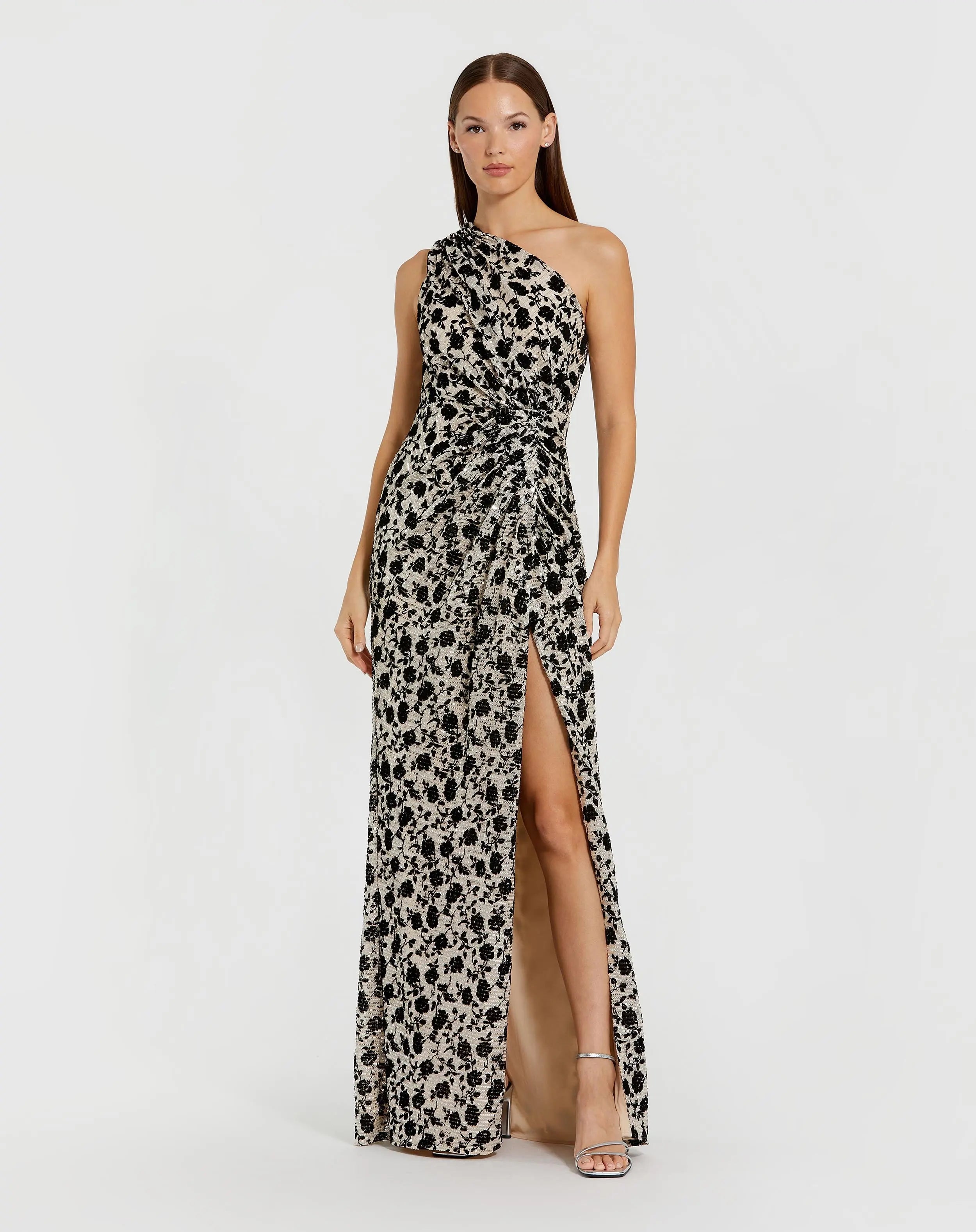 Black and Beige Floral Sequin One Shoulder Column Gown - Ieena for Mac Duggal
