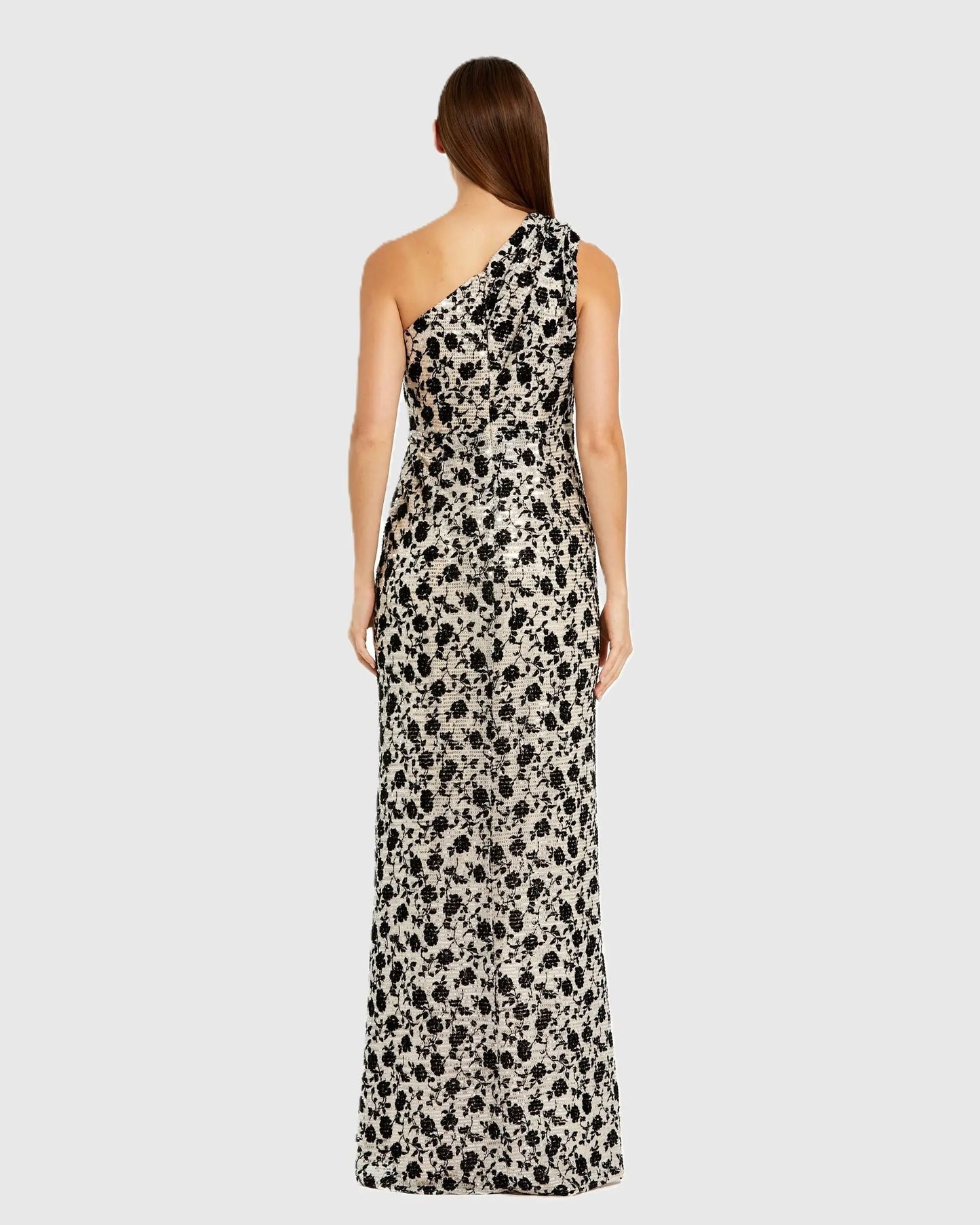 Black and Beige Floral Sequin One Shoulder Column Gown - Ieena for Mac Duggal