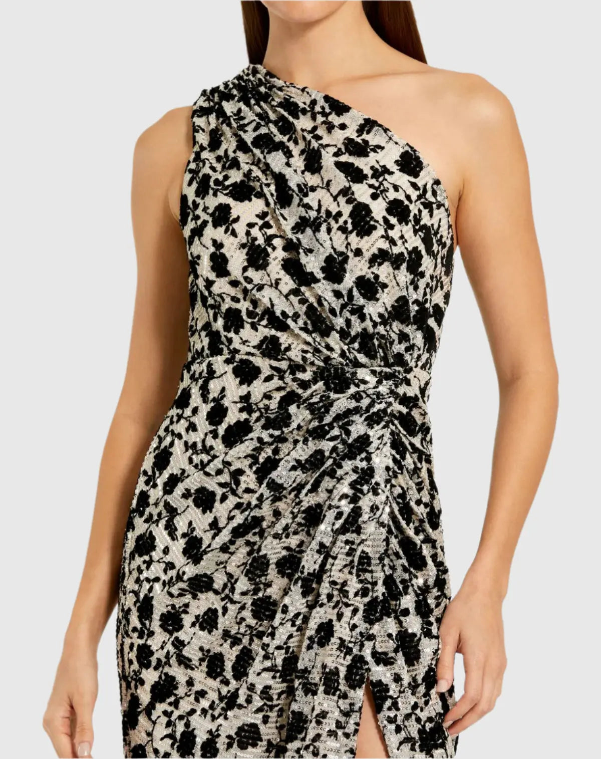 Black and Beige Floral Sequin One Shoulder Column Gown - Ieena for Mac Duggal