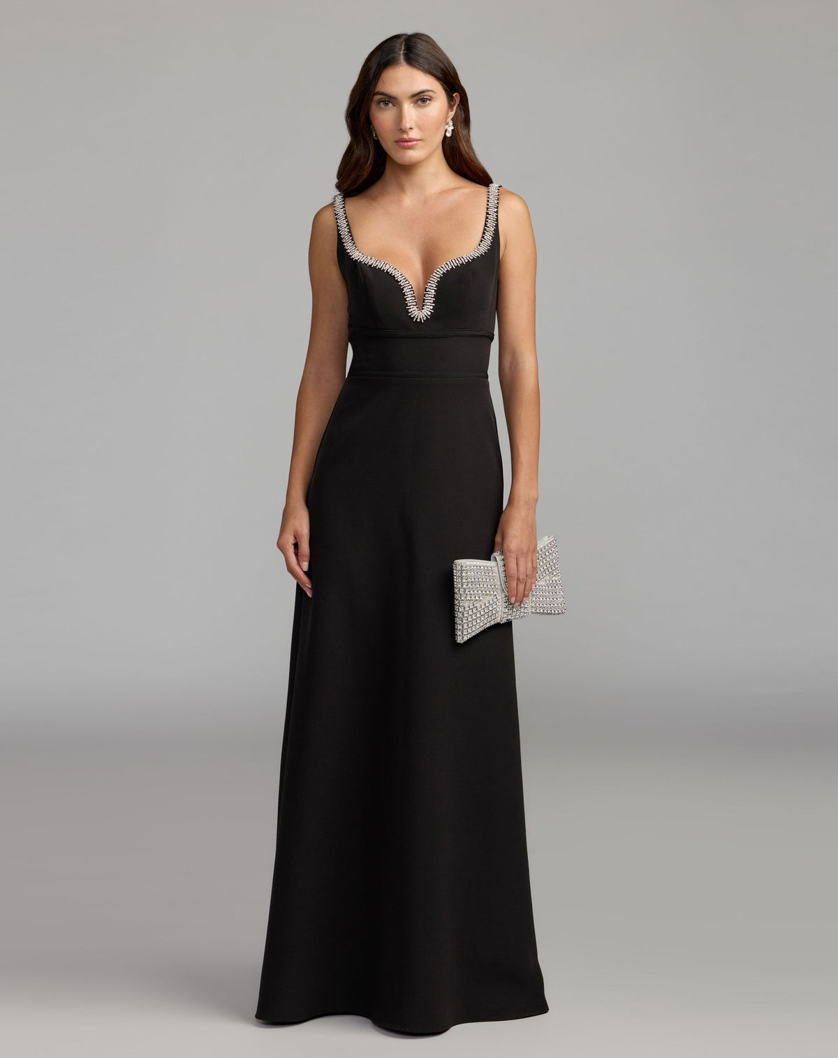 Black Crepe A-Line Gown With Rhinestone Trim - Ieena for Mac Duggal