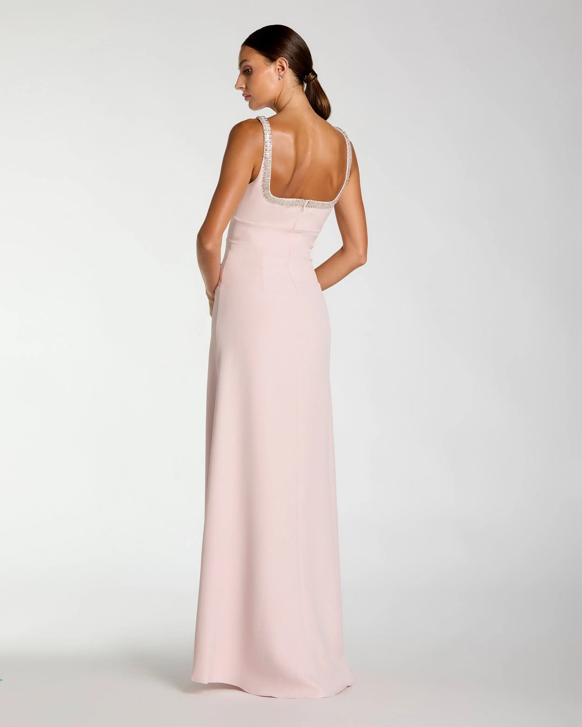 Light Pink Crepe A-Line Gown With Rhinestone Trim Light Pink Crepe A-Line Gown With Rhinestone Trim