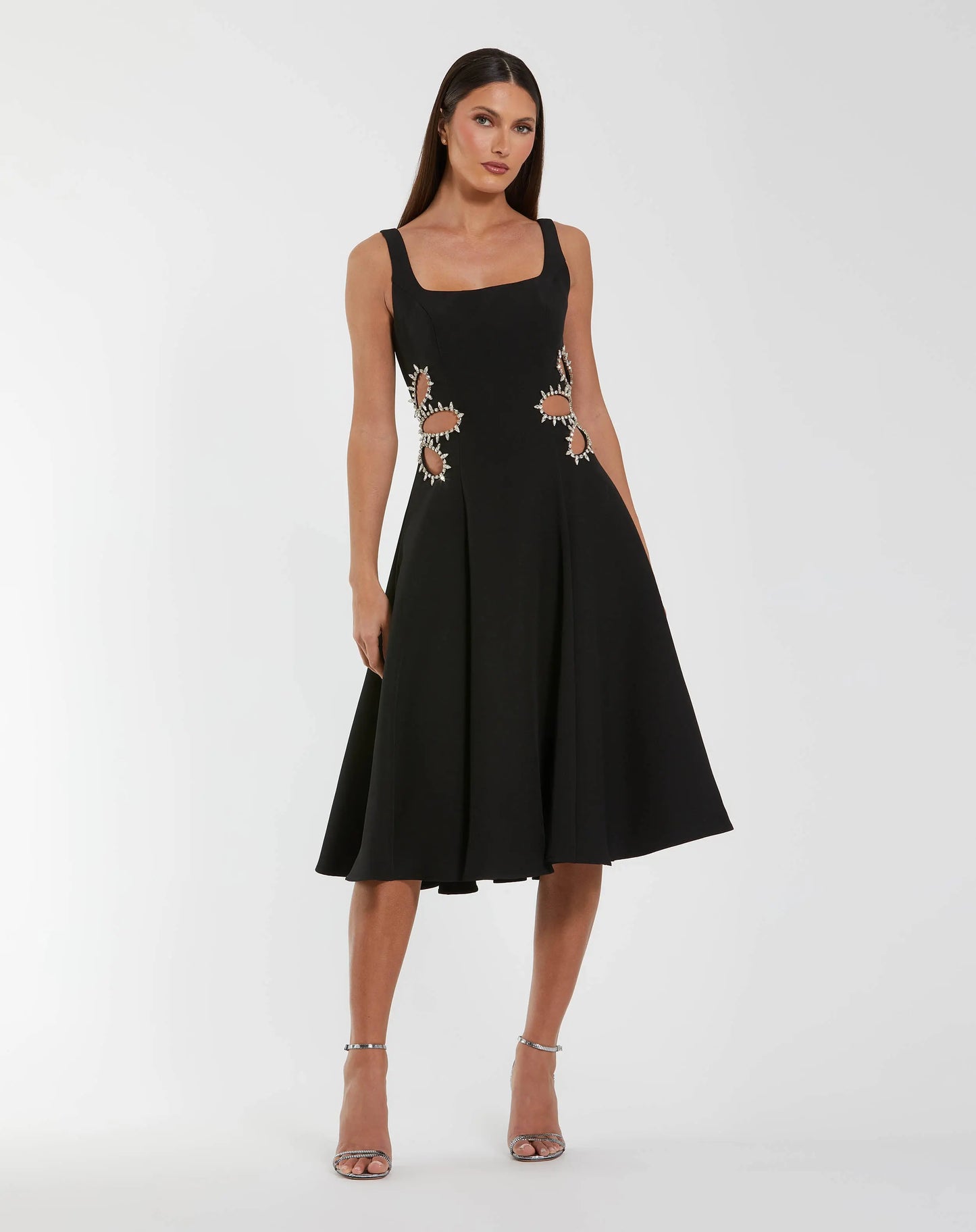 Black Sleeveless Crepe Rhinestone Cutout Midi Dress - Ieena for Mac Duggal
