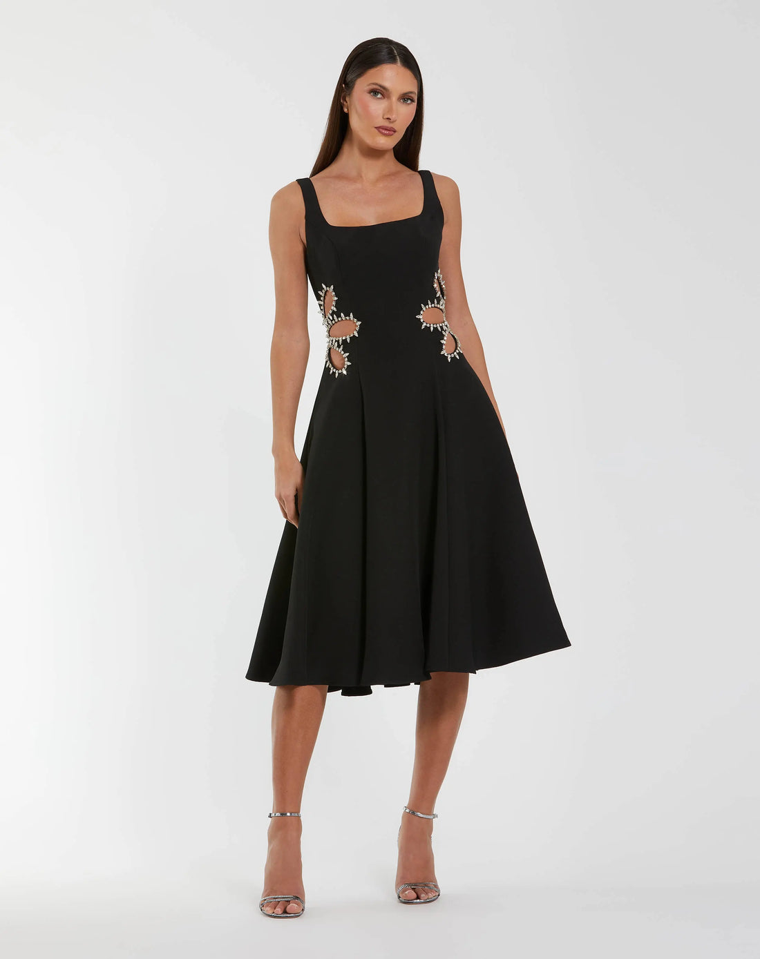 Black Sleeveless Crepe Rhinestone Cutout Midi Dress | Mac Duggal Black Sleeveless Crepe Rhinestone Cutout Midi Dress | Mac Duggal