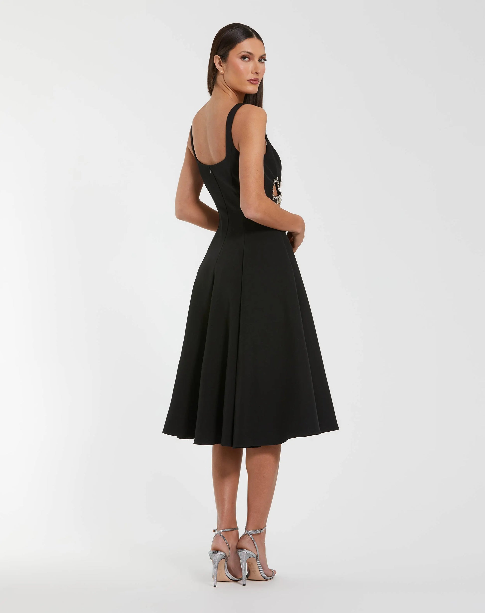 Black Sleeveless Crepe Rhinestone Cutout Midi Dress | Mac Duggal Black Sleeveless Crepe Rhinestone Cutout Midi Dress | Mac Duggal