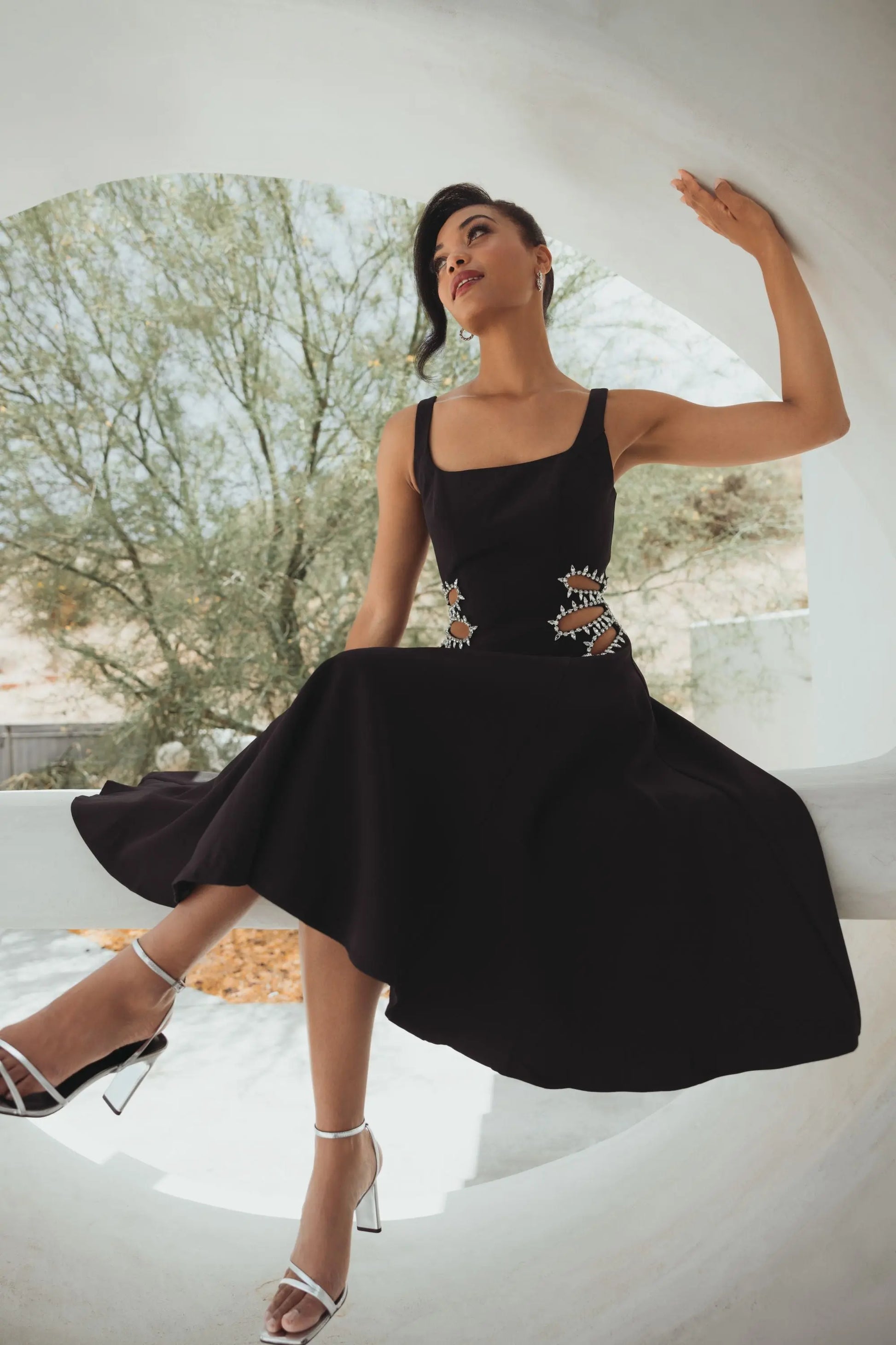 black cutout midi dress Black Cut Out Tie-Front Ribbed Midi Dress