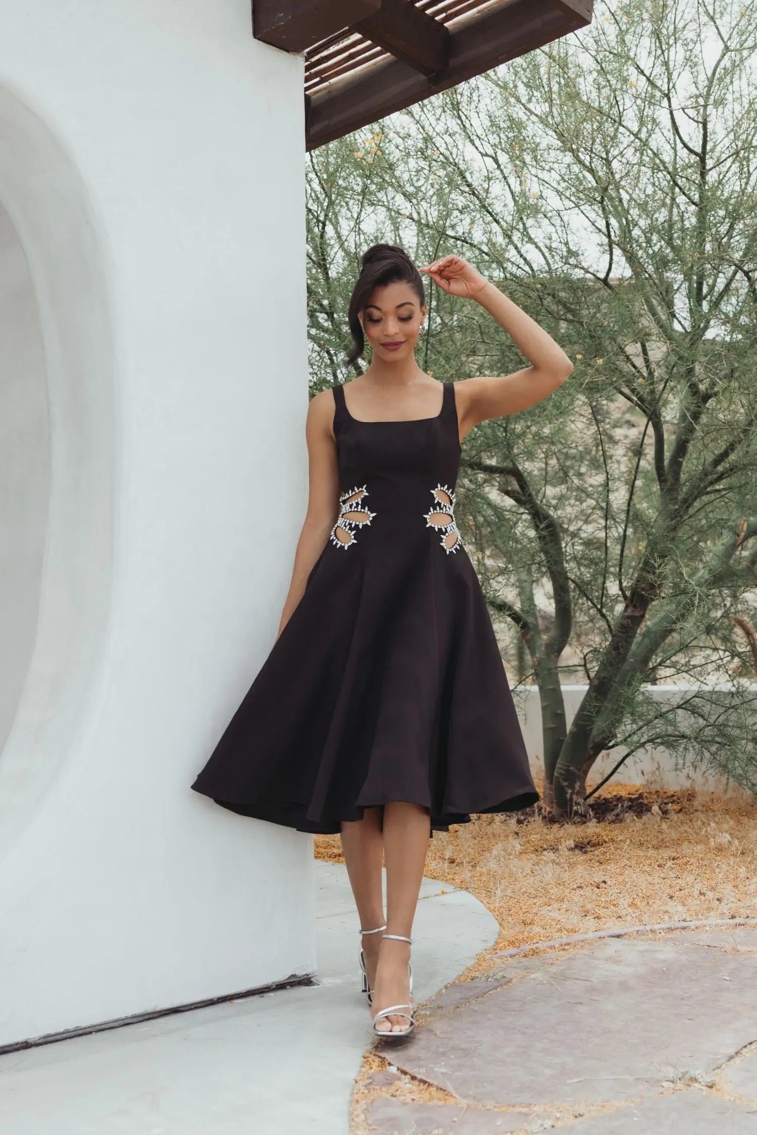 Black Sleeveless Crepe Rhinestone Cutout Midi Dress | Mac Duggal Black Sleeveless Crepe Rhinestone Cutout Midi Dress | Mac Duggal