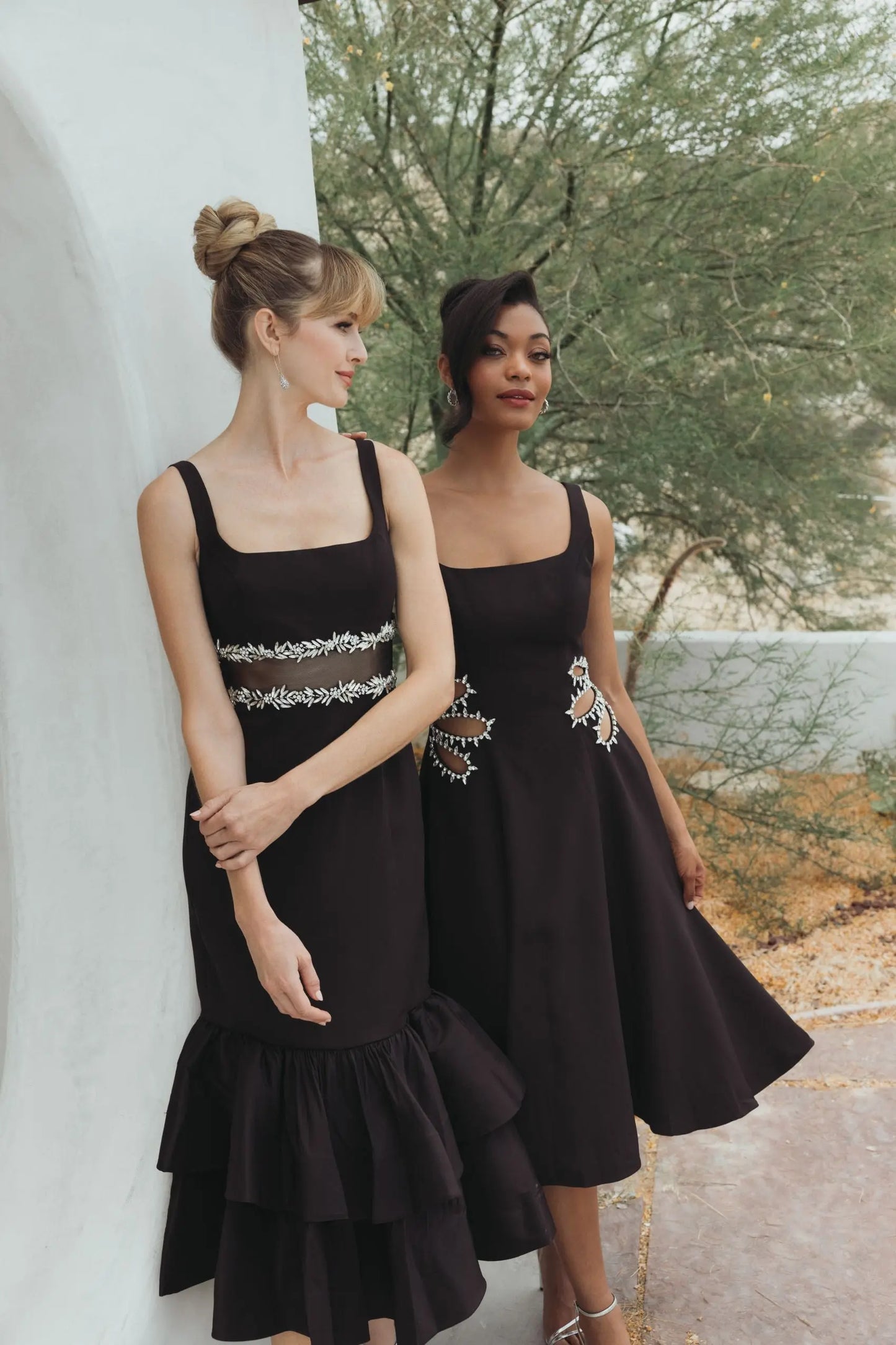 Black Sleeveless Crepe Rhinestone Cutout Midi Dress - Ieena for Mac Duggal