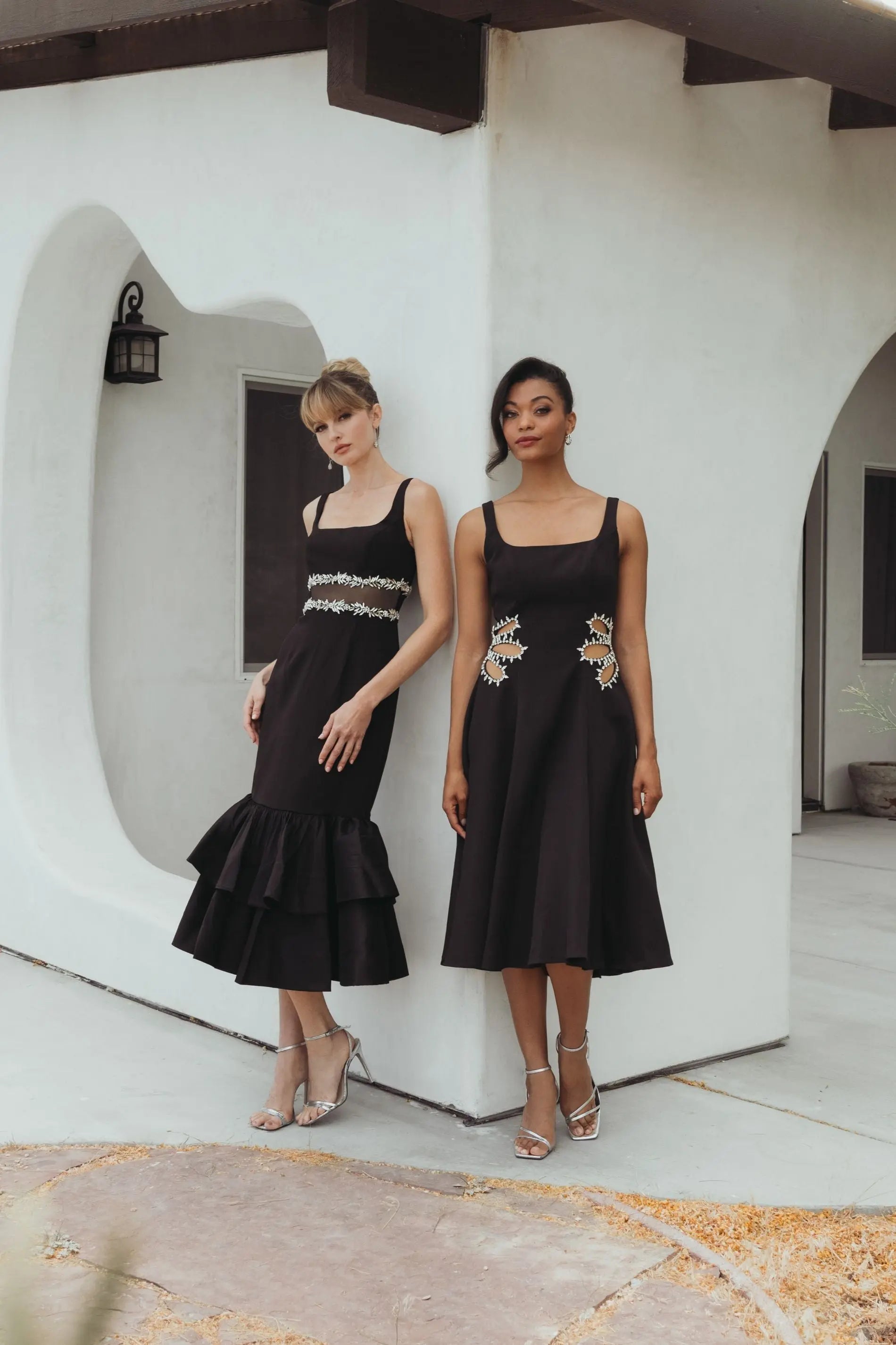 frill hem midi dress black Black Crepe Ruffle Hem Midi Dress With Jewel Detail