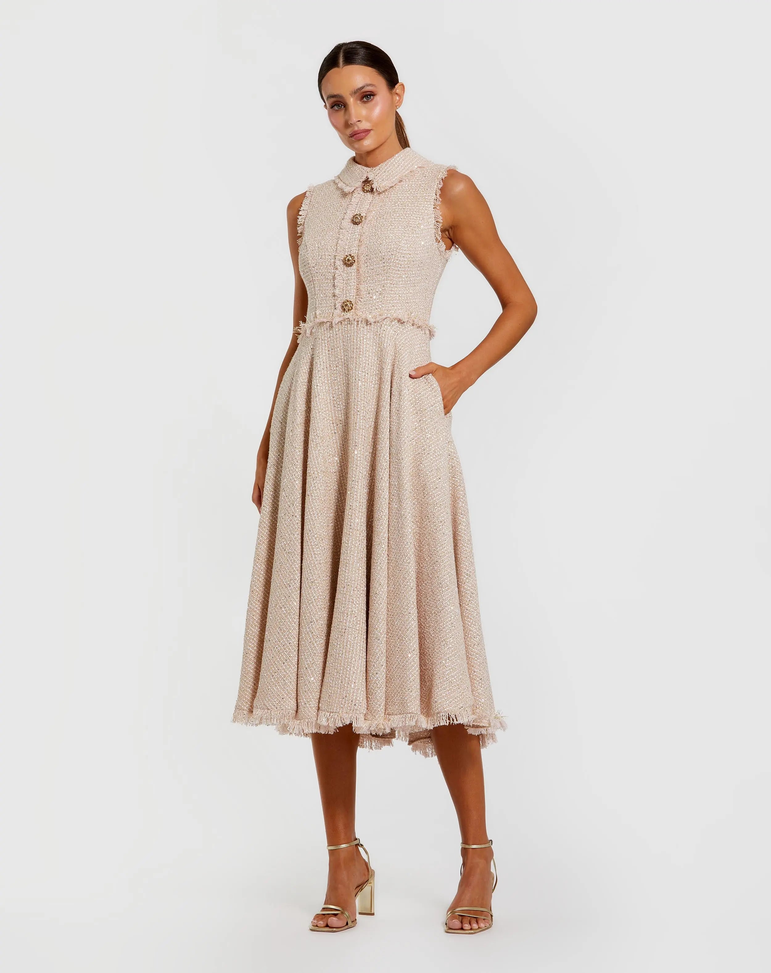 Pink Bouclé Sleeveless Collared Button Up Midi Dress - Ieena for Mac Duggal